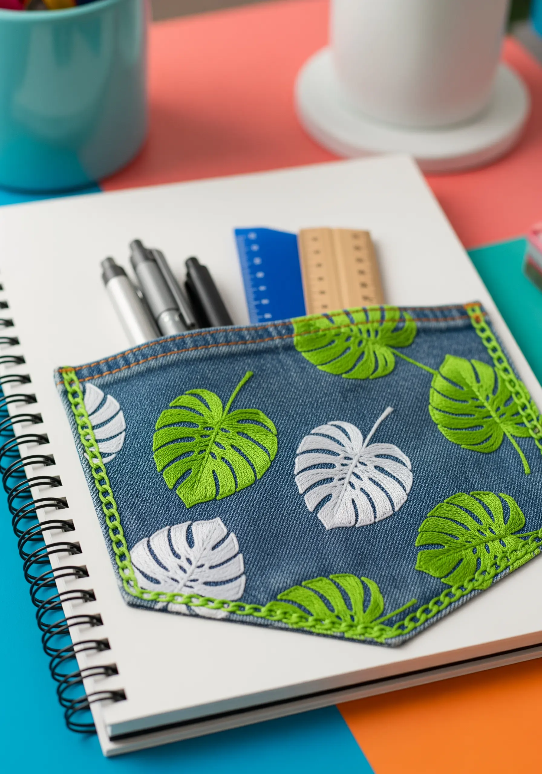 A repurposed denim pocket embroidered with green and white Monstera leaves on a notebook.