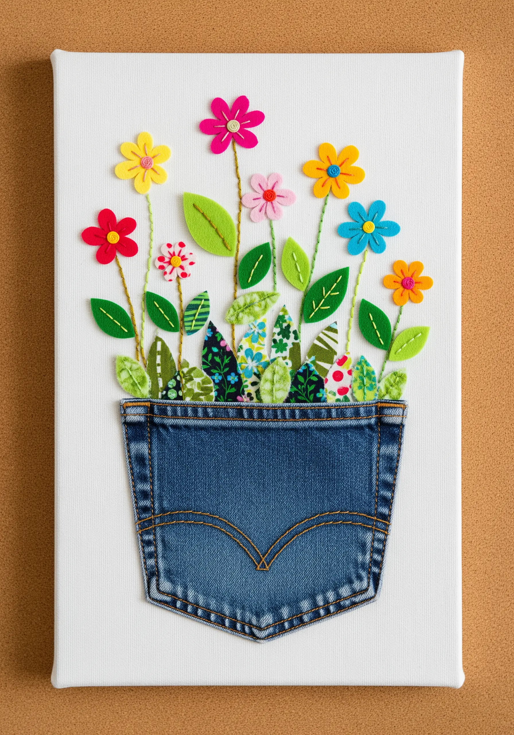 A real denim pocket sewn onto canvas, filled with appliquéd flowers and embroidered leaves.