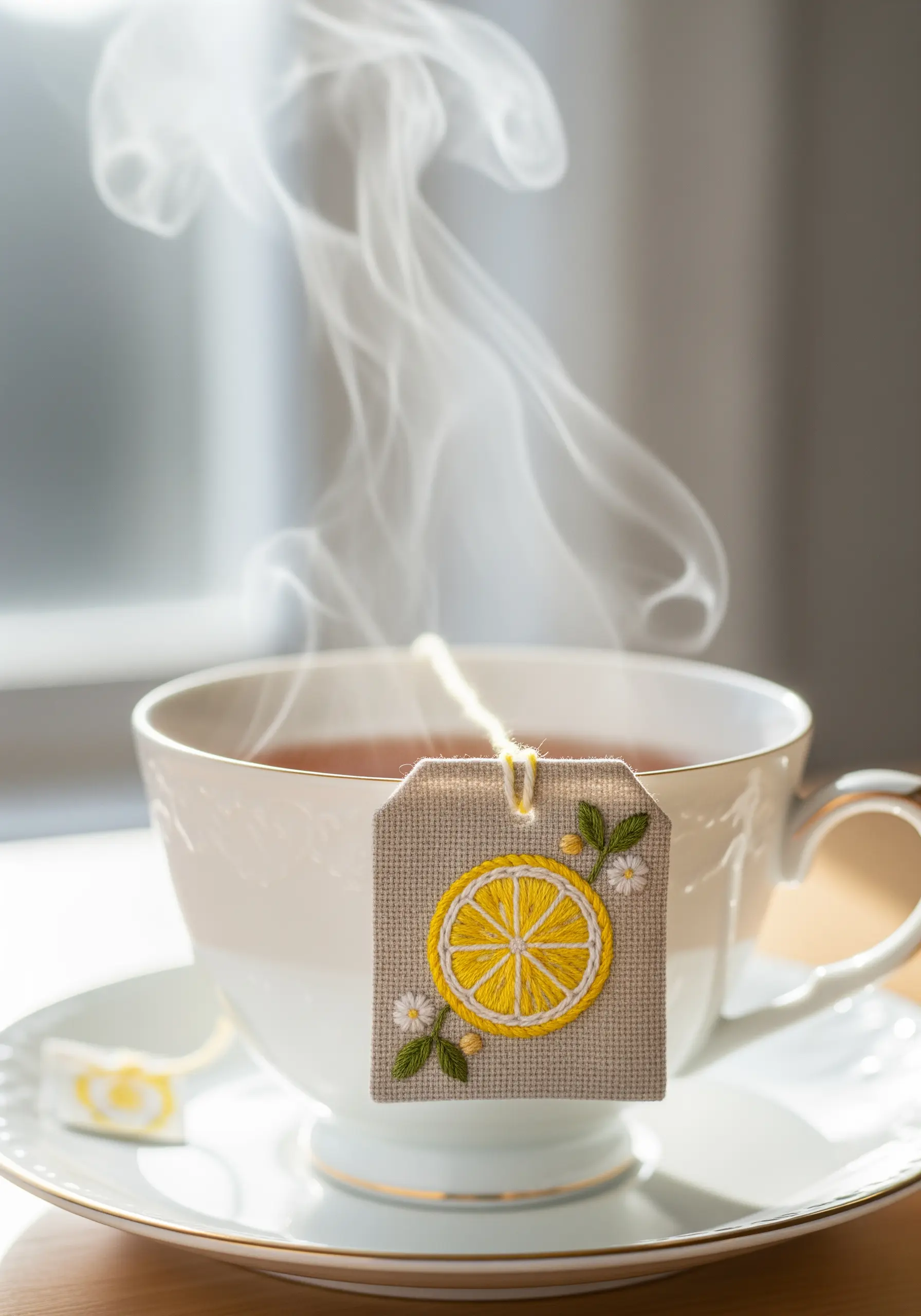 A small embroidered tea tag with a lemon slice design, hanging from a teacup