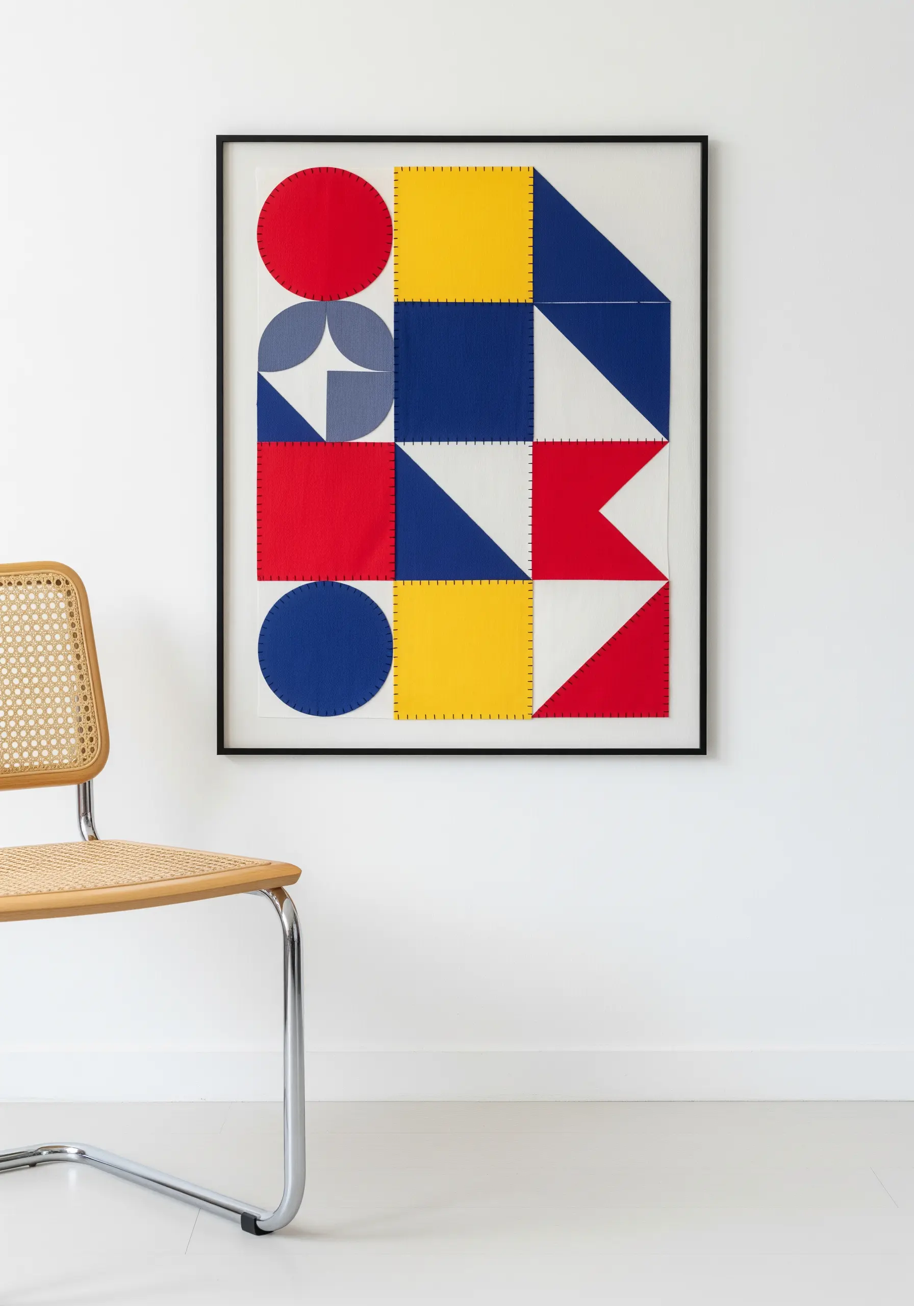 A framed, Bauhaus-inspired fabric collage with red, yellow, and blue geometric shapes.