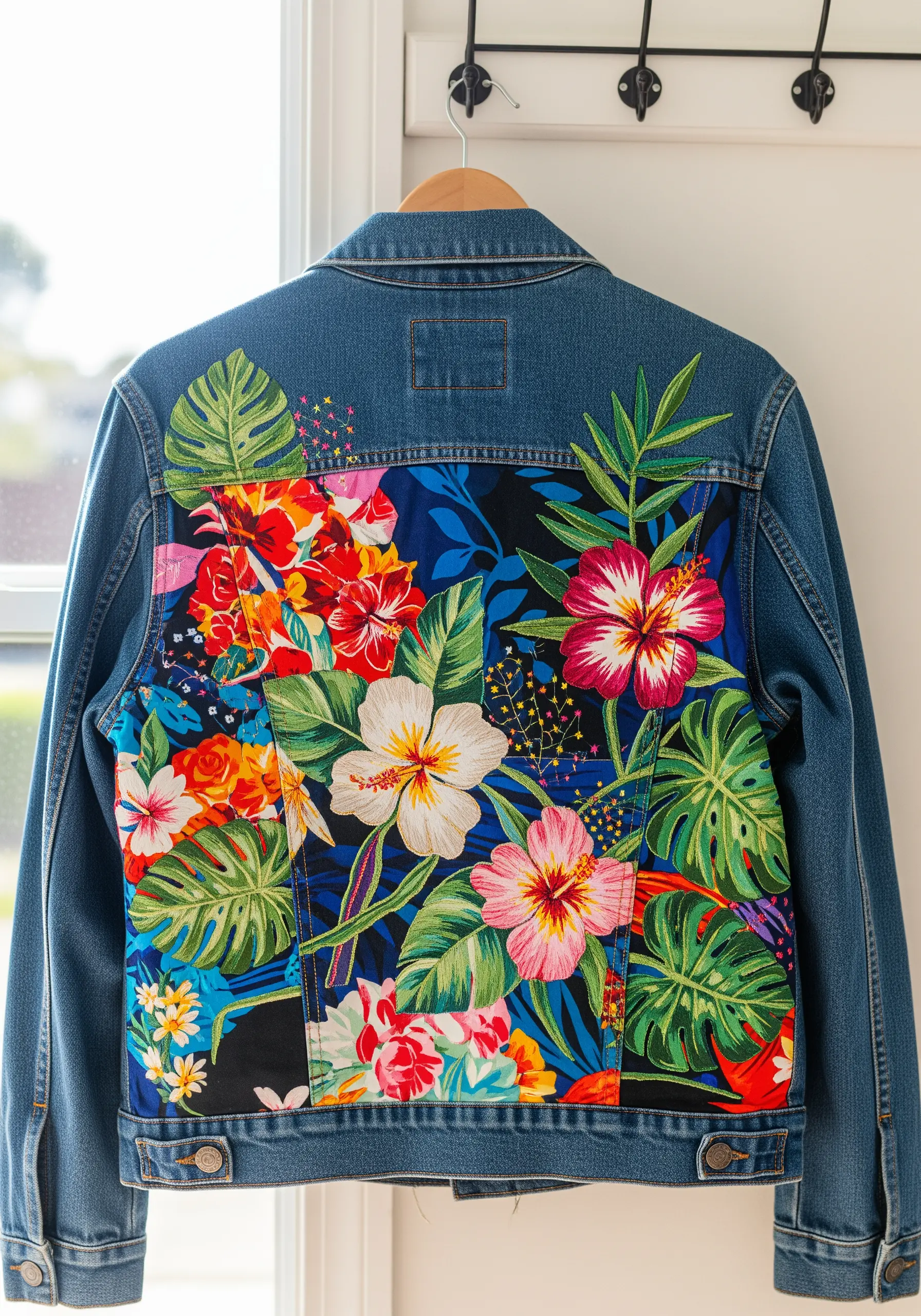 Back of a denim jacket featuring a vibrant tropical floral fabric appliqué panel.