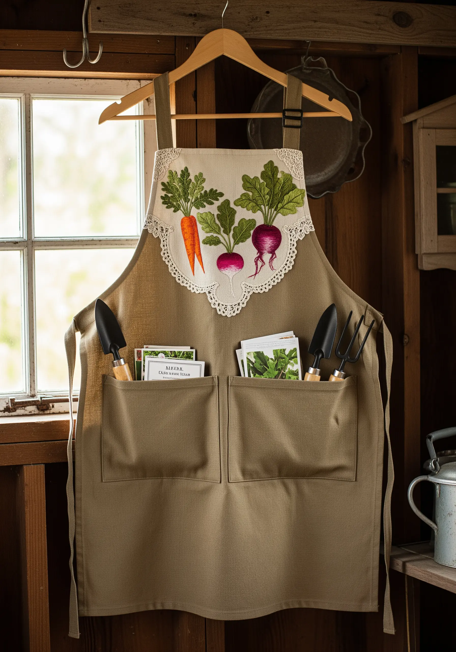A gardening apron featuring a panel with realistic embroidered carrots and beets.