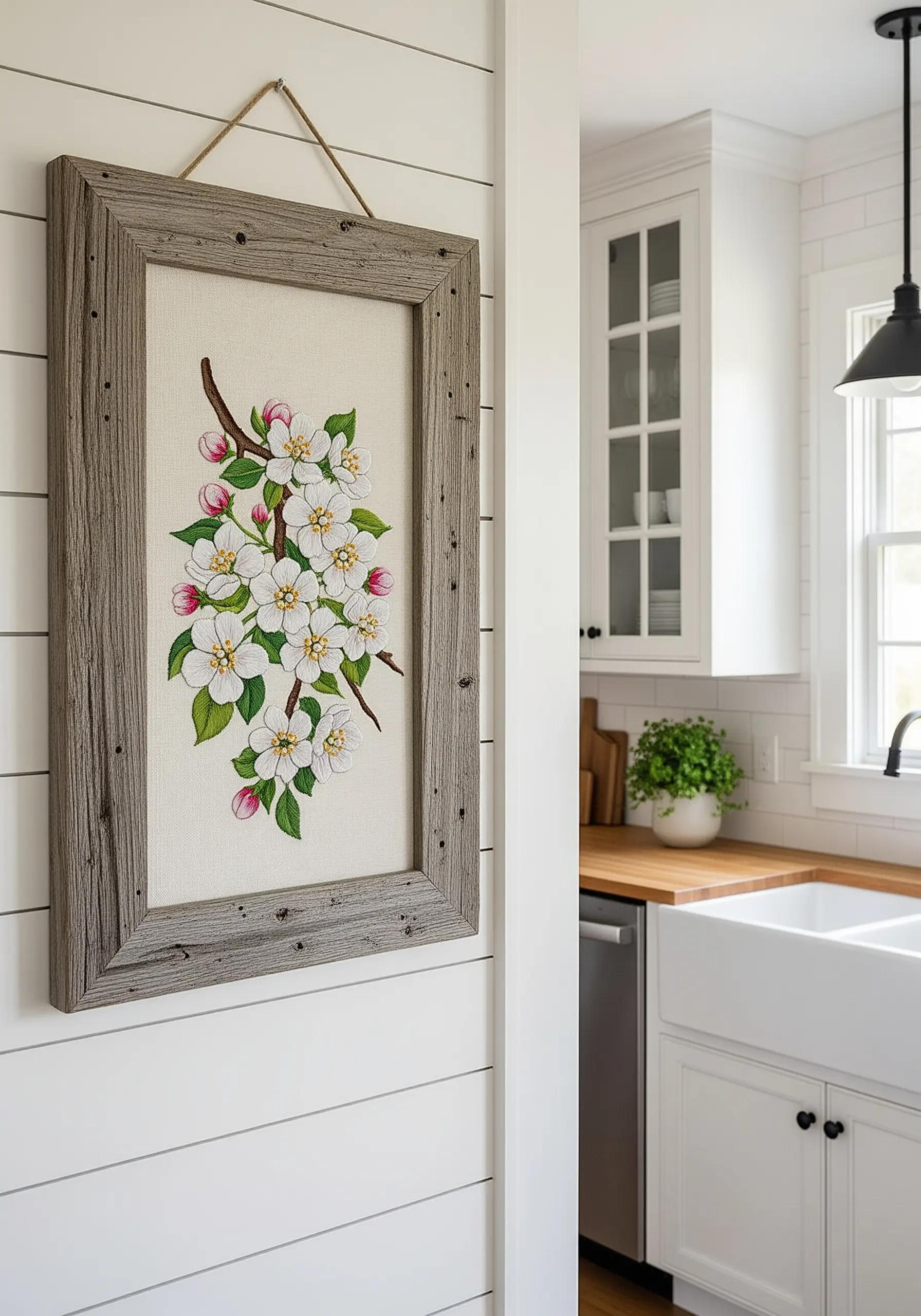 Embroidery of an apple blossom branch on linen, mounted in a rustic barnwood frame.