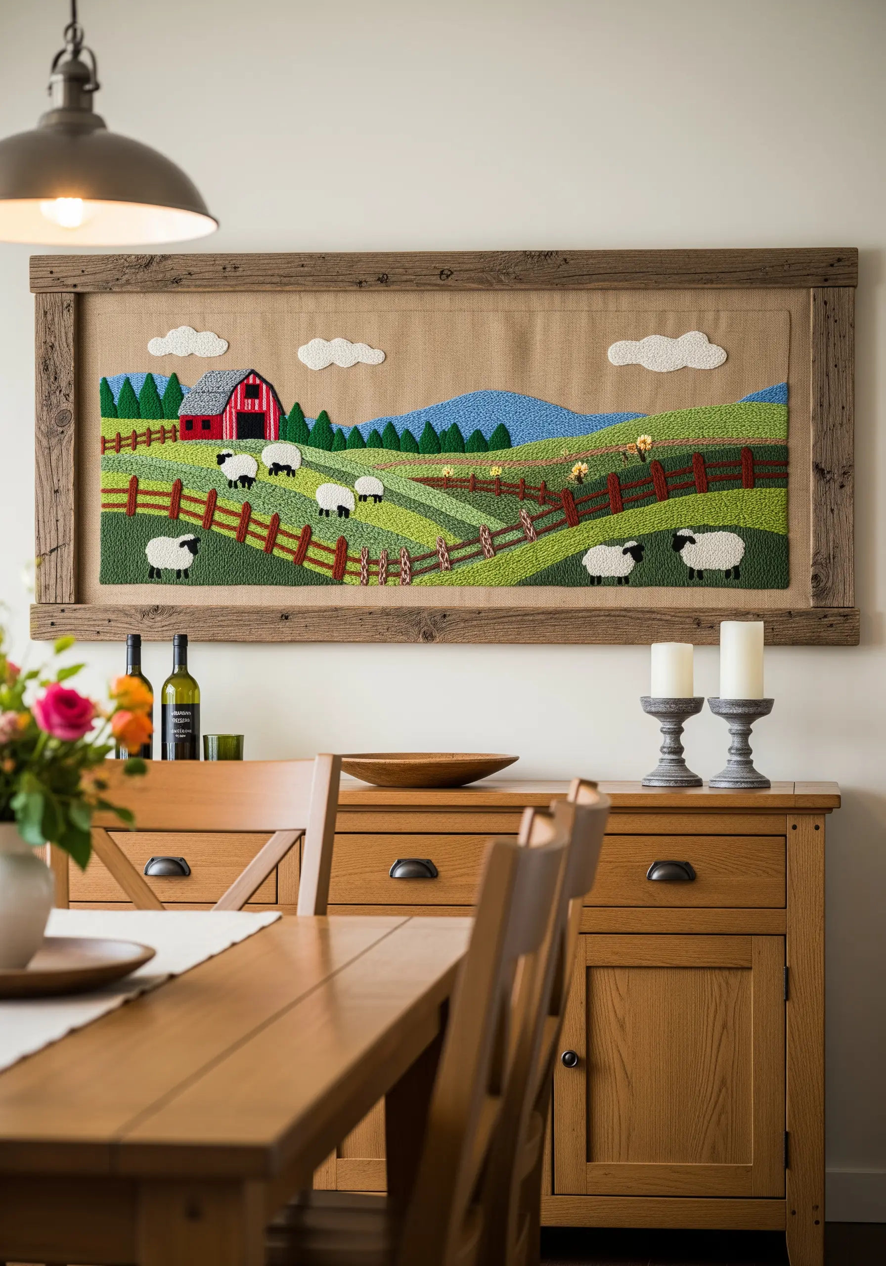 A rustic punch needle landscape of a farm scene with sheep, framed in reclaimed wood.