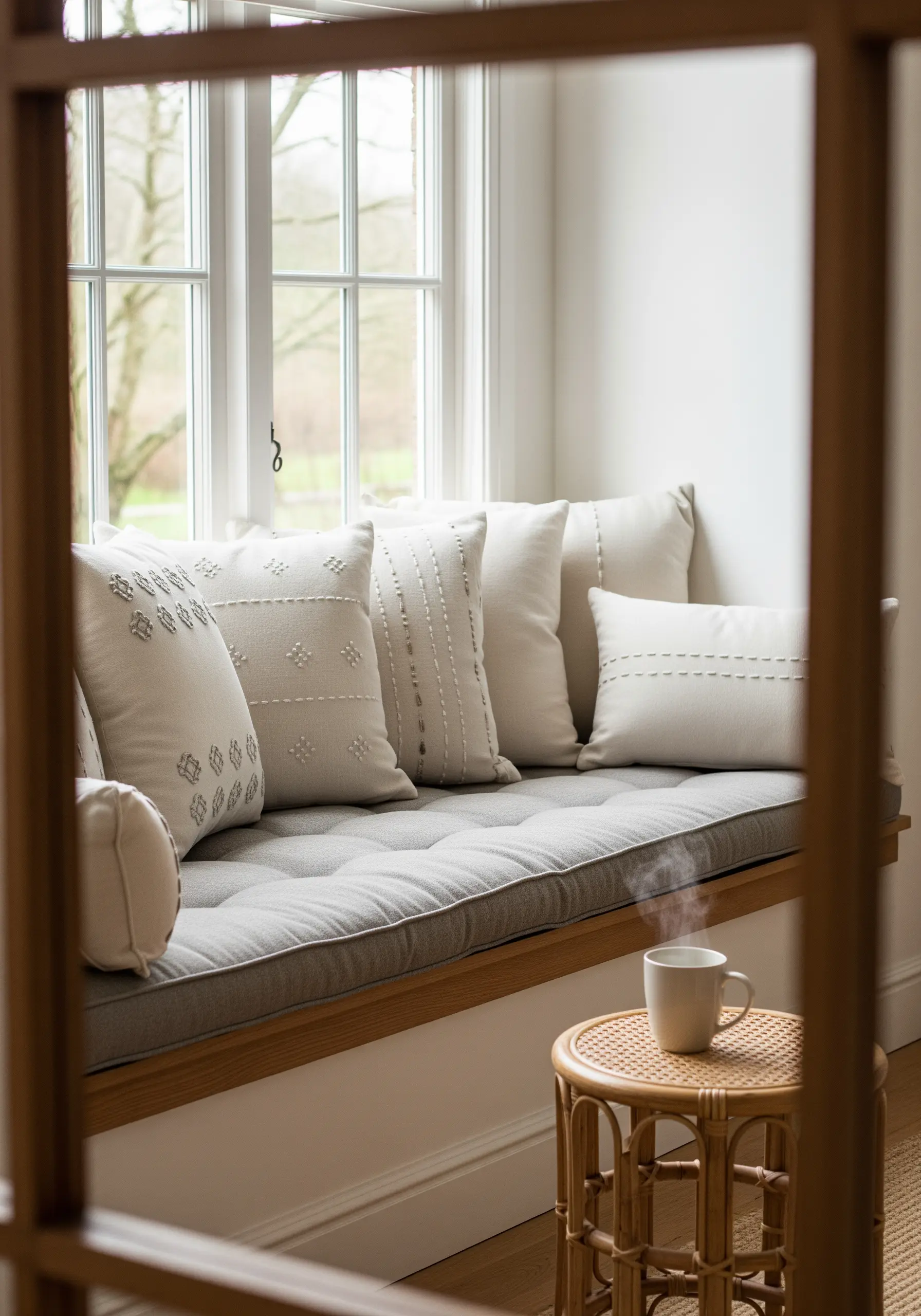 Ivory pillows on a window seat with various Sashiko-inspired geometric patterns in grey thread.