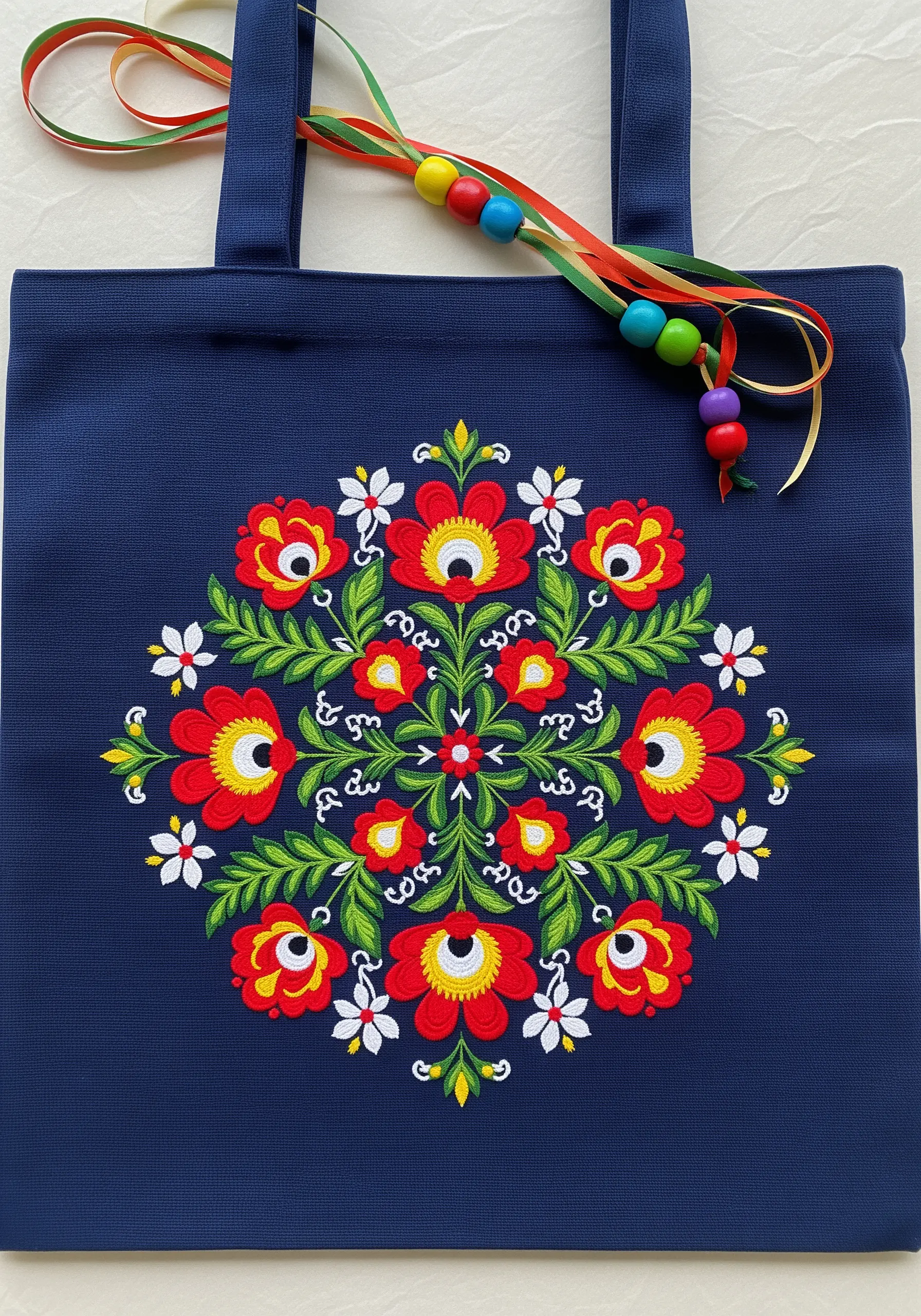 A symmetrical Polish folk art floral mandala in red, yellow, and green on a navy blue tote.