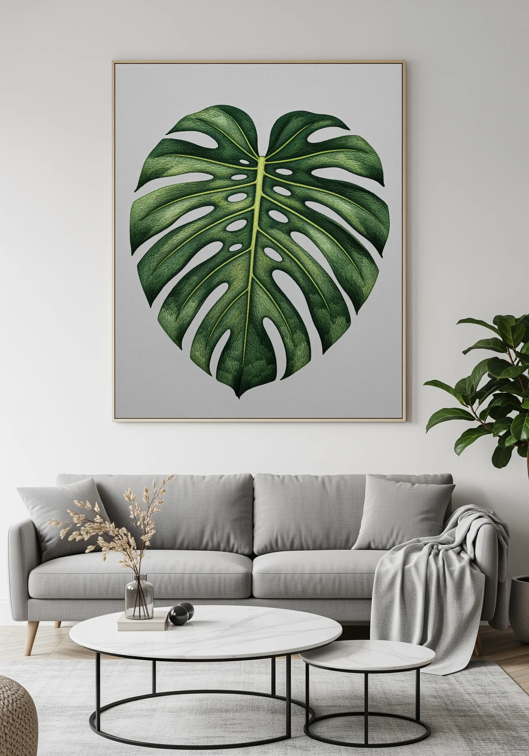 A large, framed embroidery of a single, hyper-realistic monstera leaf.