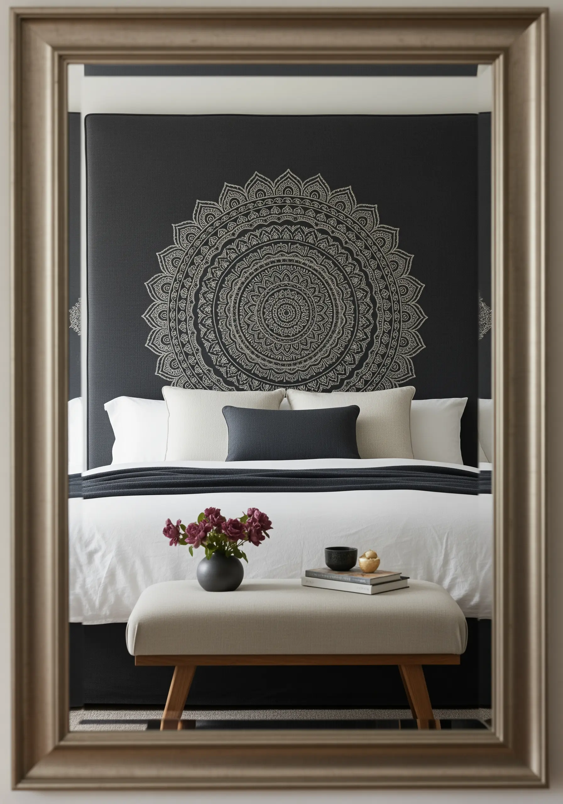 A large, intricate mandala embroidered in a light color onto a dark charcoal upholstered headboard.