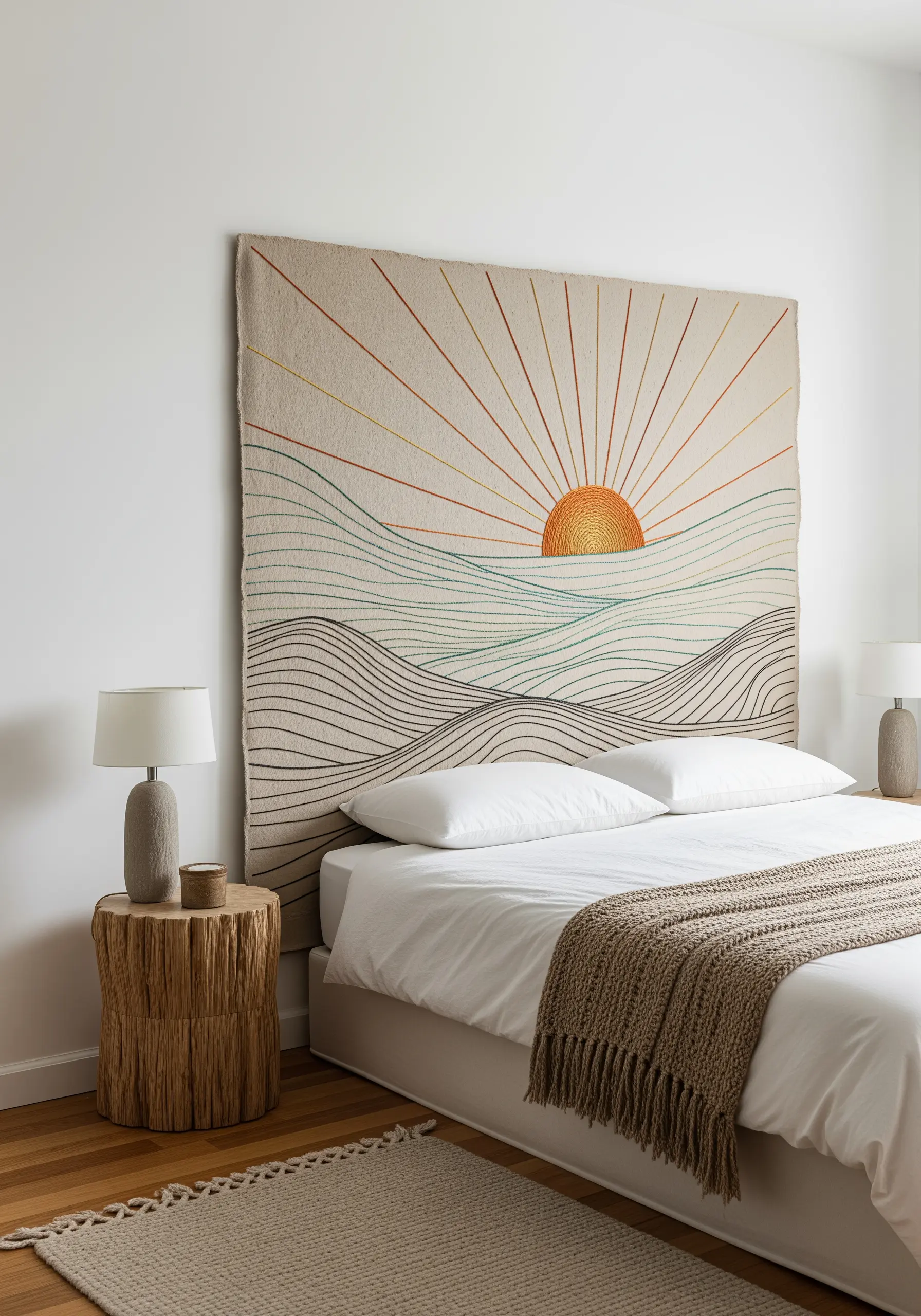 A large tapestry headboard with an embroidered sunrise and ocean waves in a minimalist style.