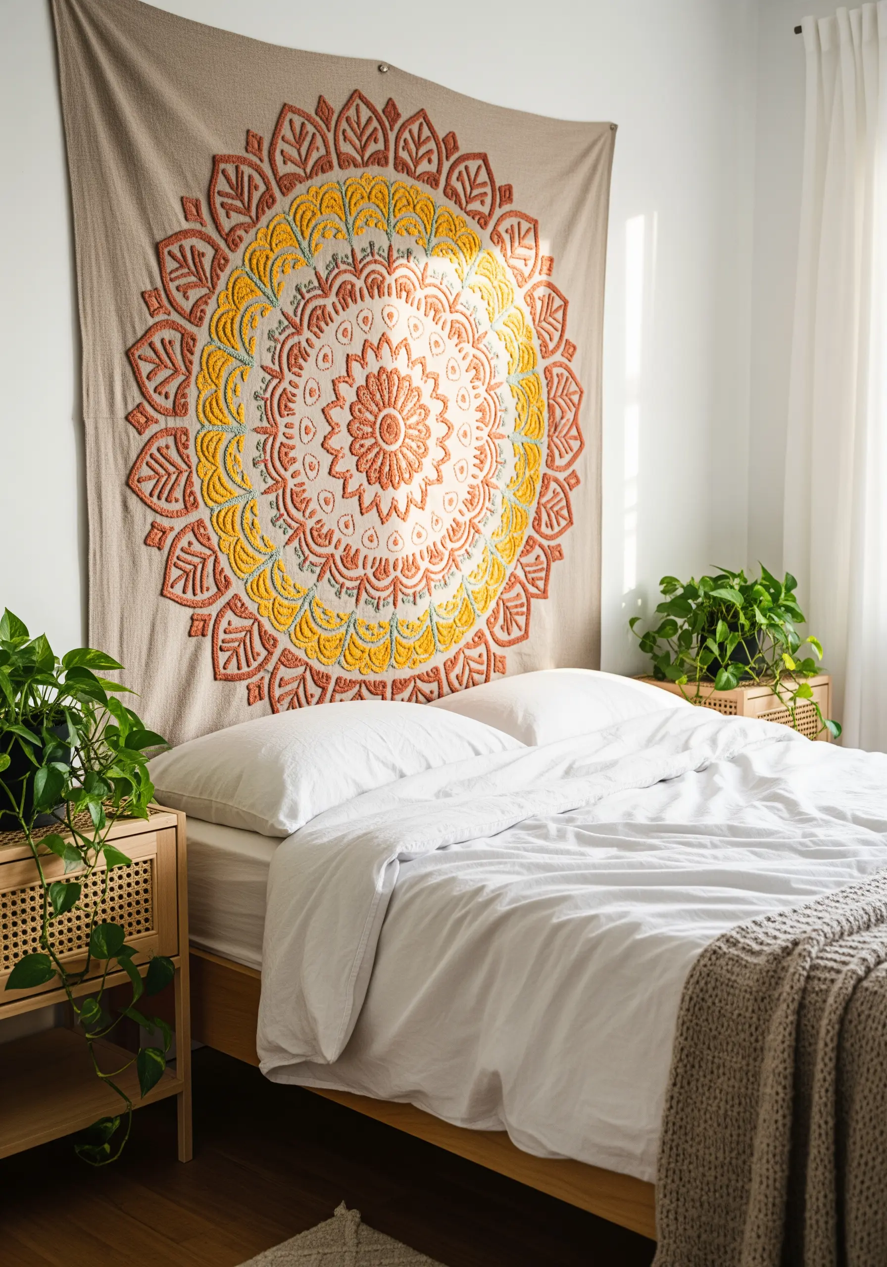 Large embroidered mandala tapestry in warm tones hanging above a bed as a headboard.