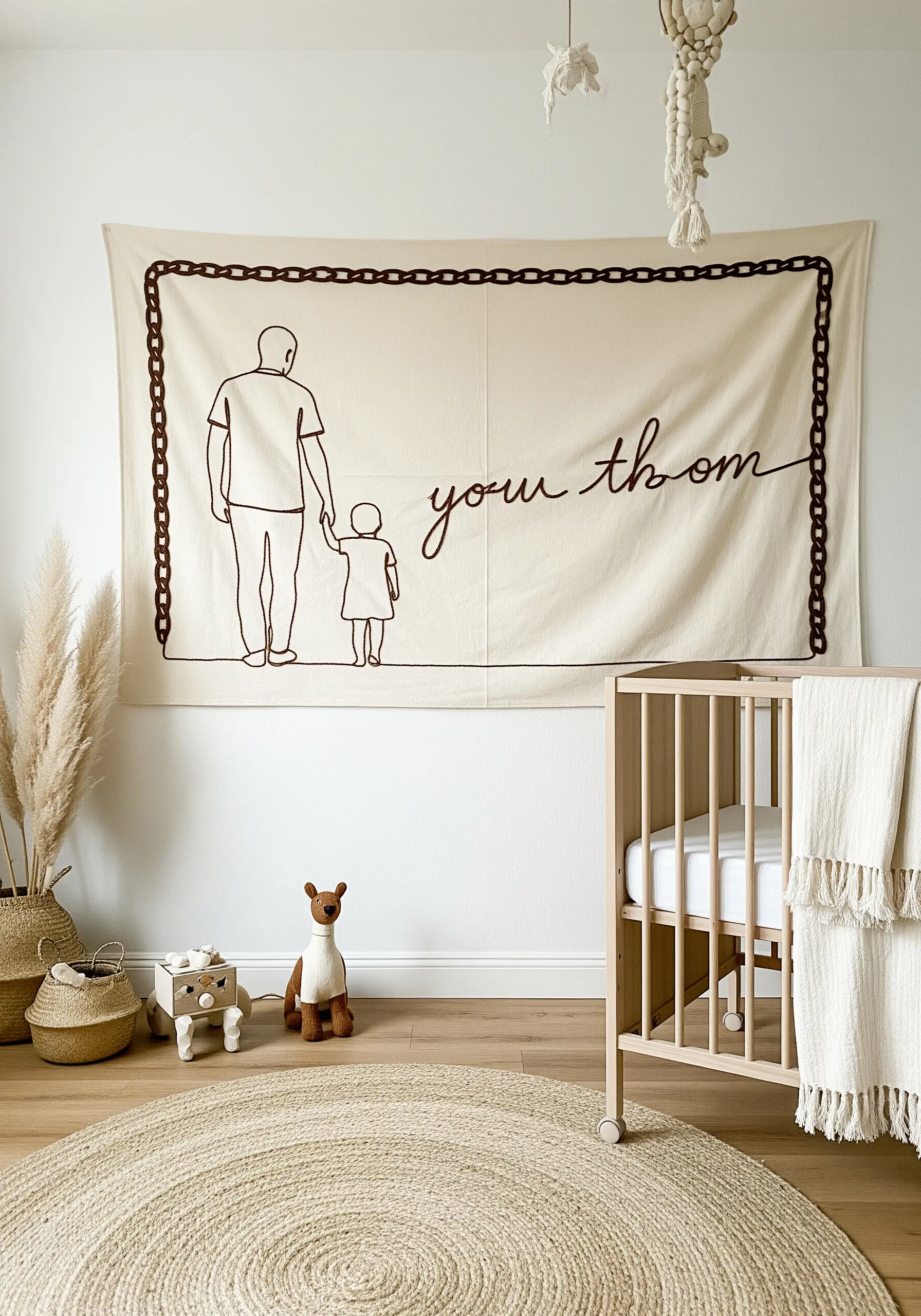 A large nursery wall hanging with a line art motif of a father and child walking.