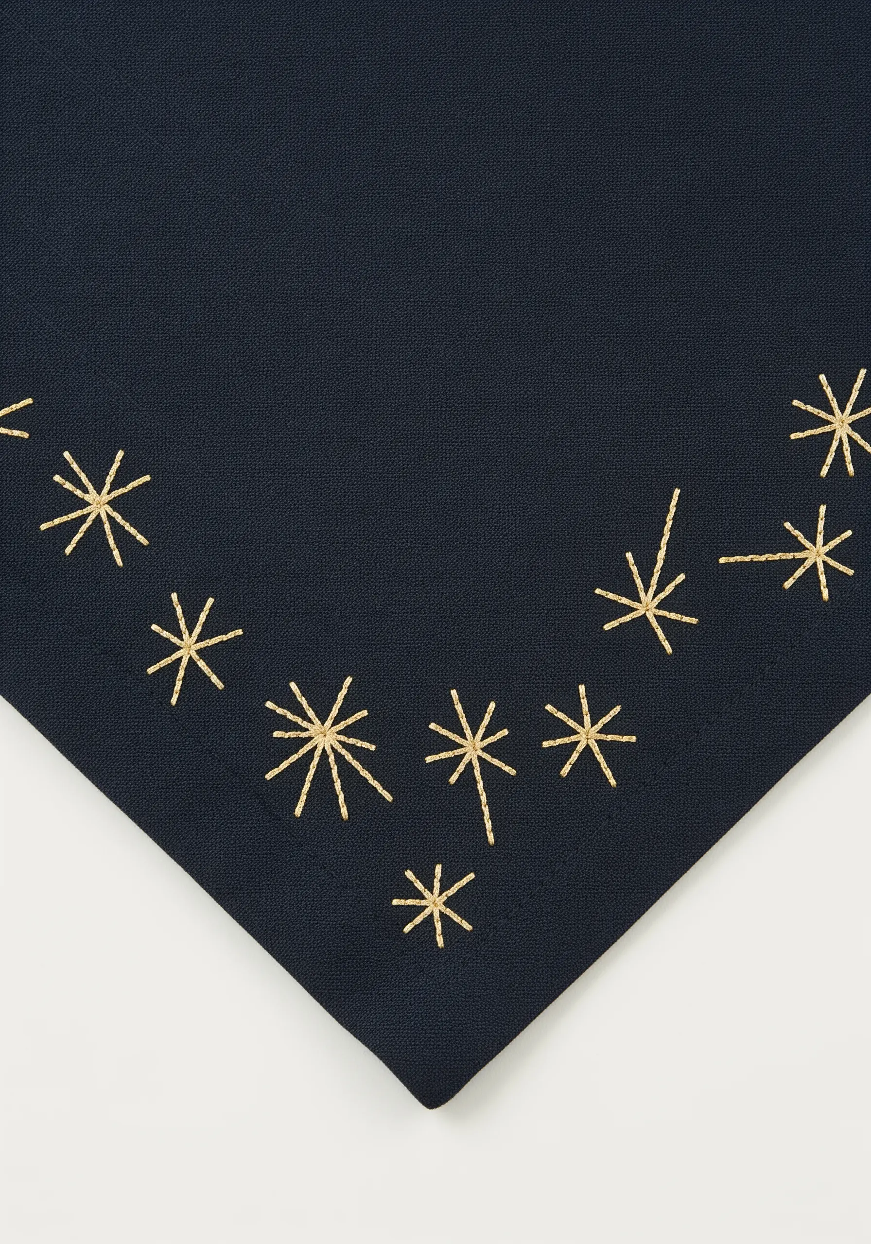 Gold metallic star stitches of various sizes scattered in an arc on navy fabric.