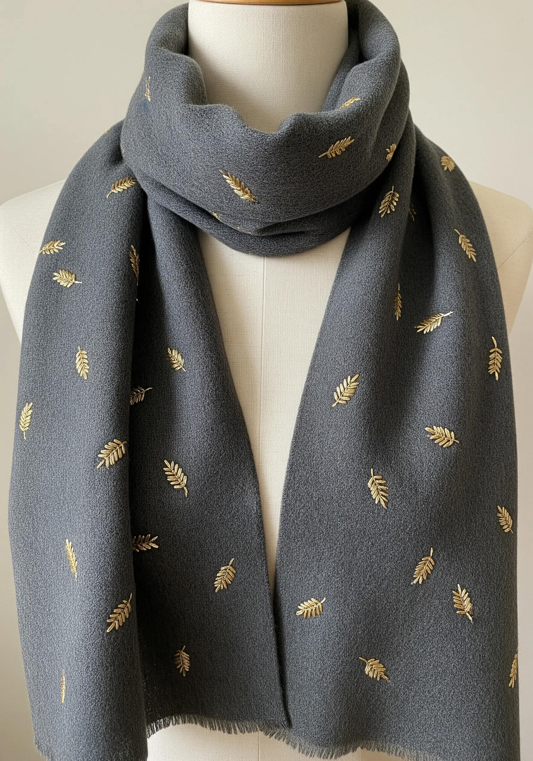 A dark grey wool scarf decorated with a scattered pattern of small, gold embroidered leaves.