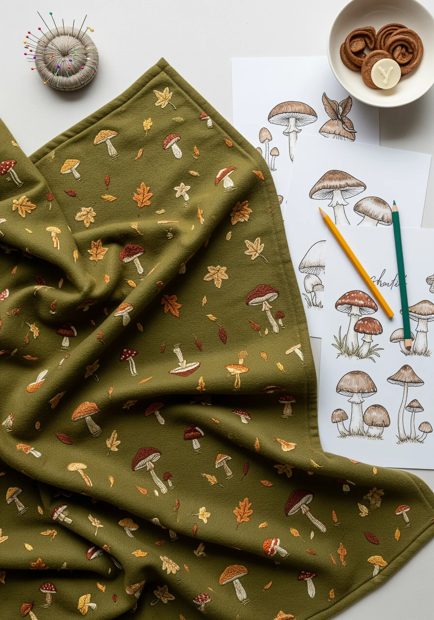 An olive green blanket featuring a scattered pattern of small embroidered mushrooms and autumn leaves.