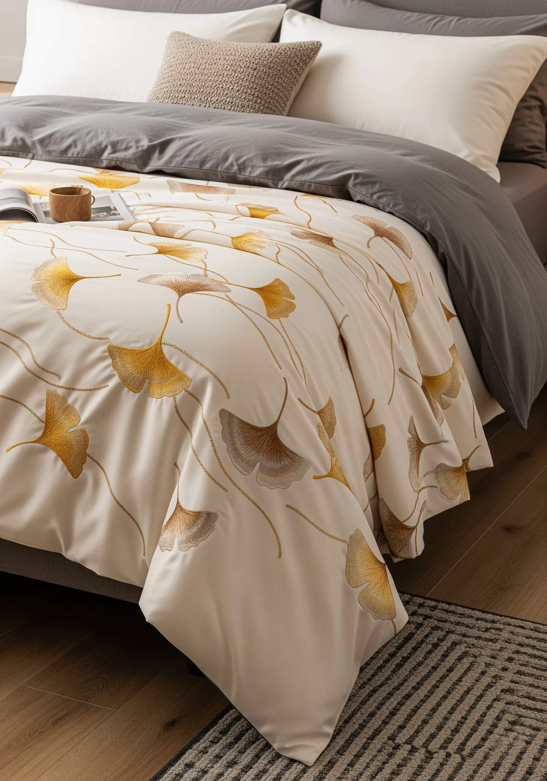 A cream-colored duvet cover adorned with a scattered pattern of embroidered ginkgo leaves.