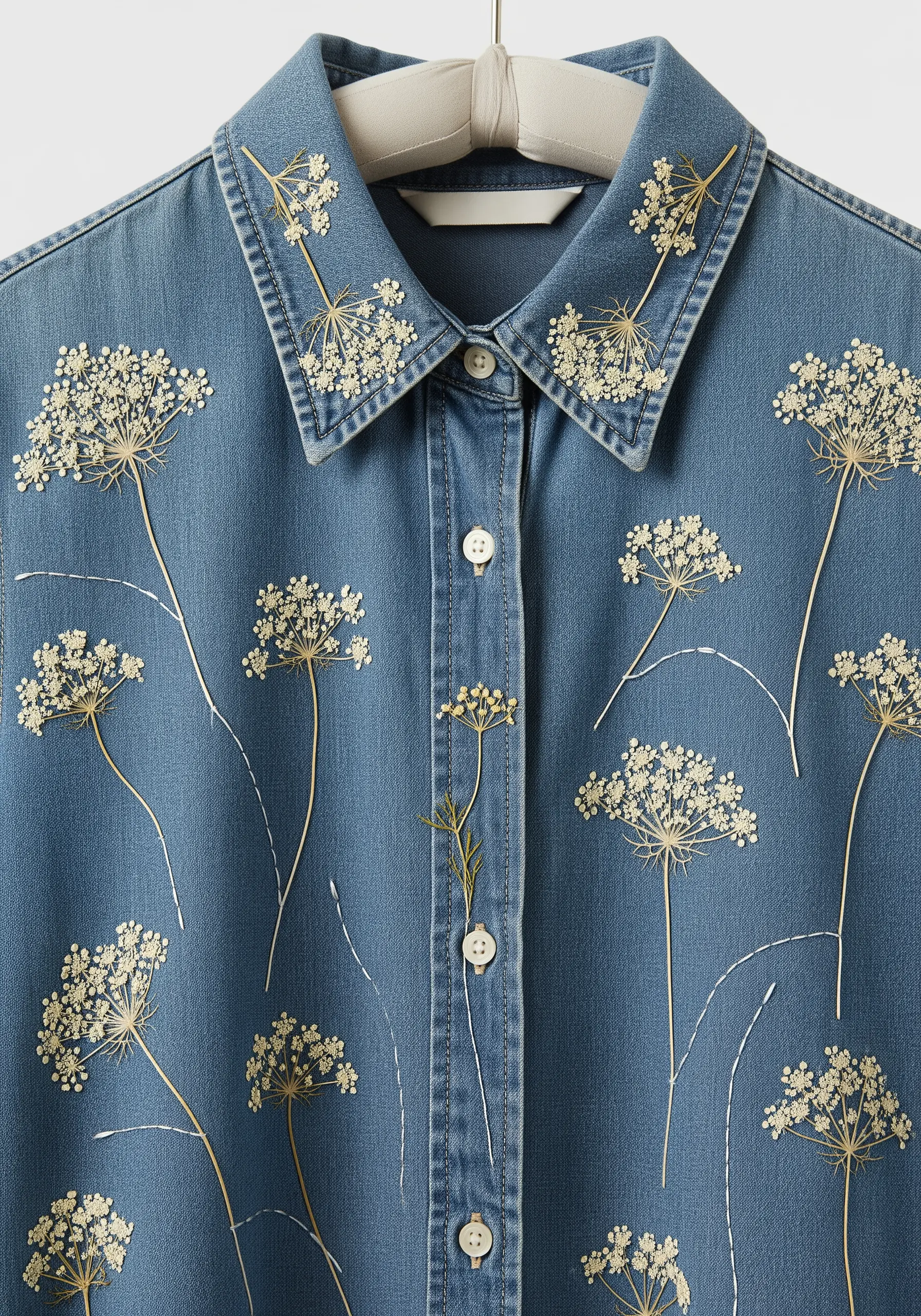 A blue denim shirt adorned with real pressed Queen Anne's Lace flowers and fine embroidered stems.