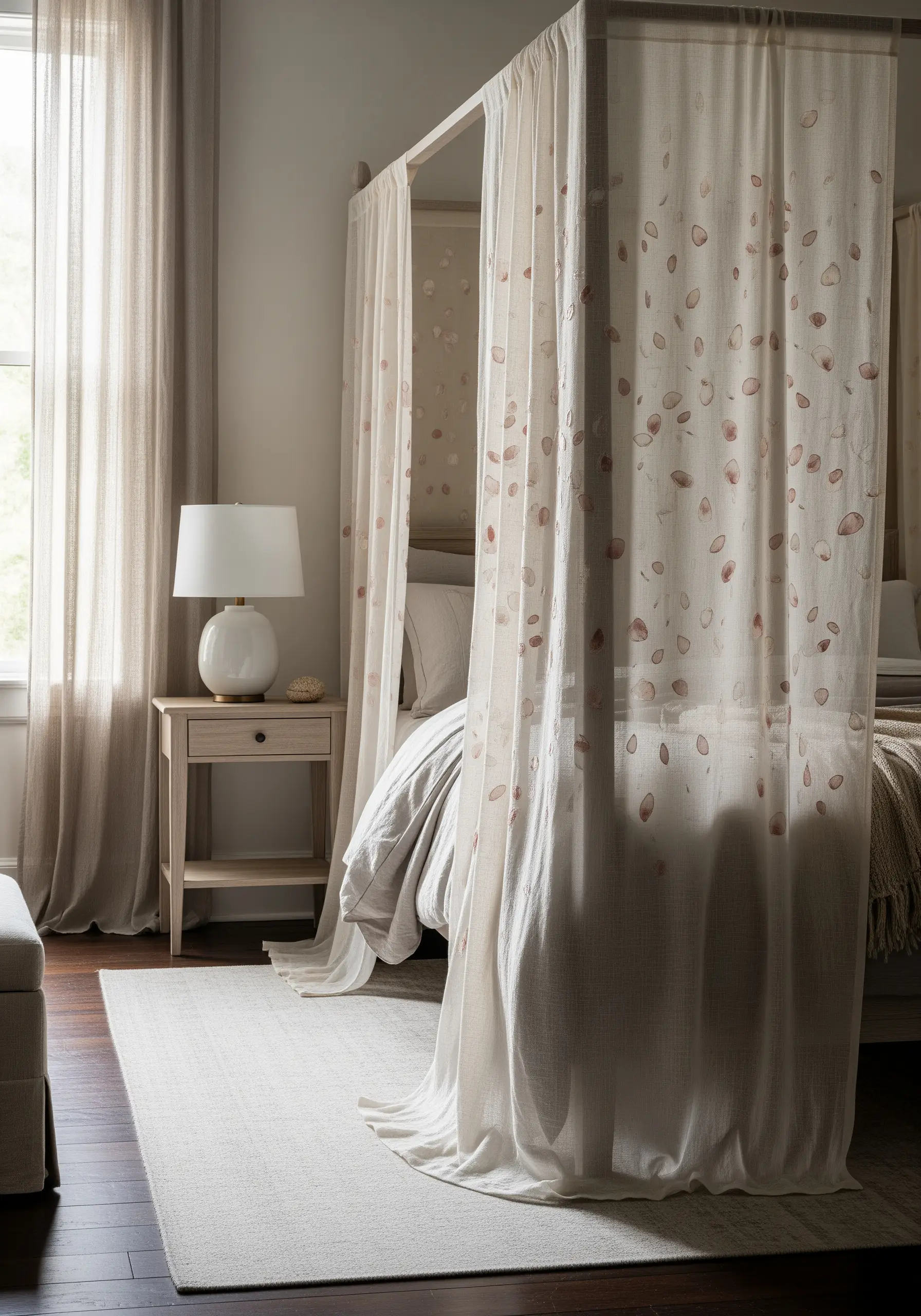 A sheer bed canopy embroidered with a sparse, random pattern of small, petal-like shapes.