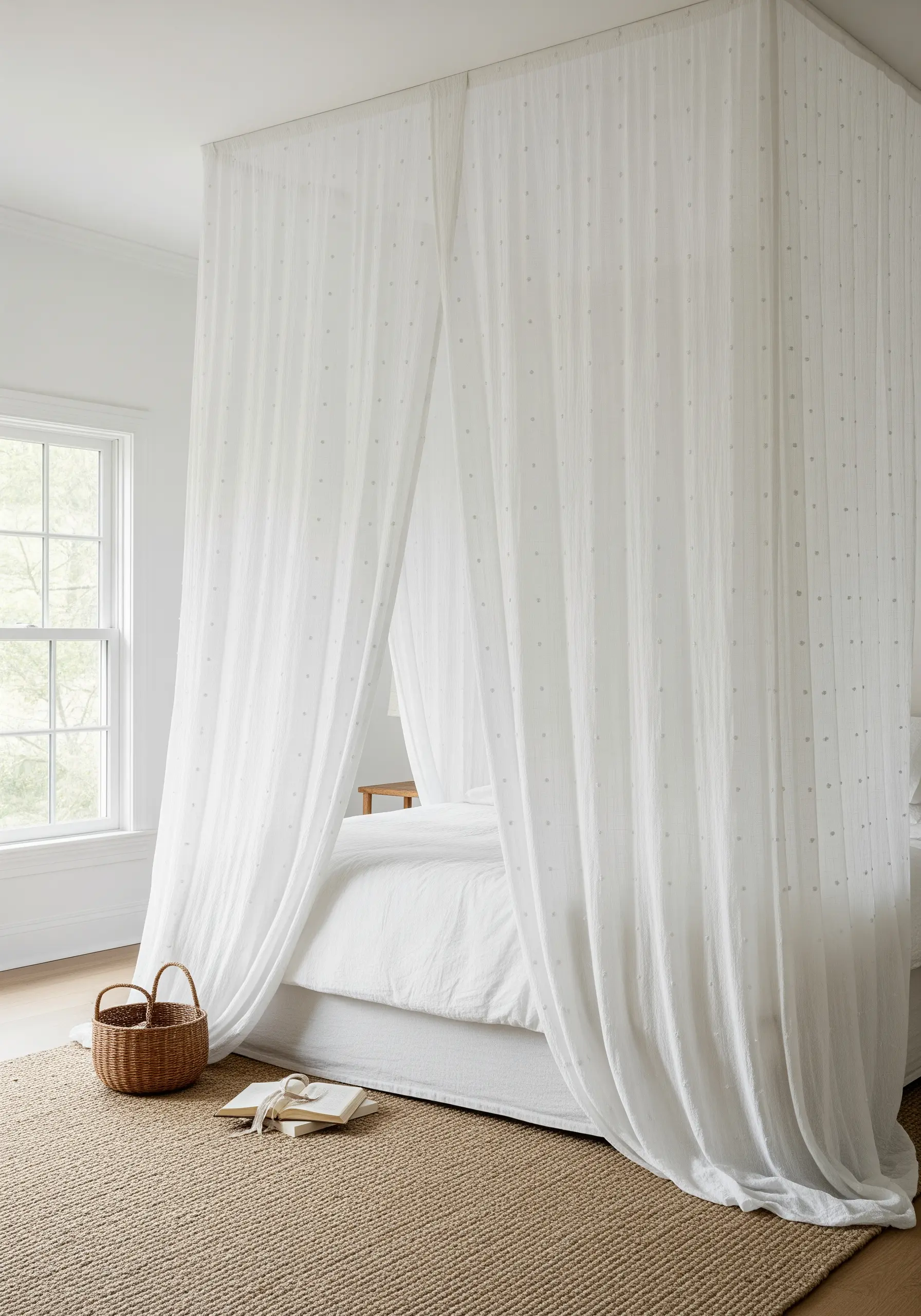 Sheer white bed canopy curtains with a subtle, all-over pattern of tiny embroidered dots.