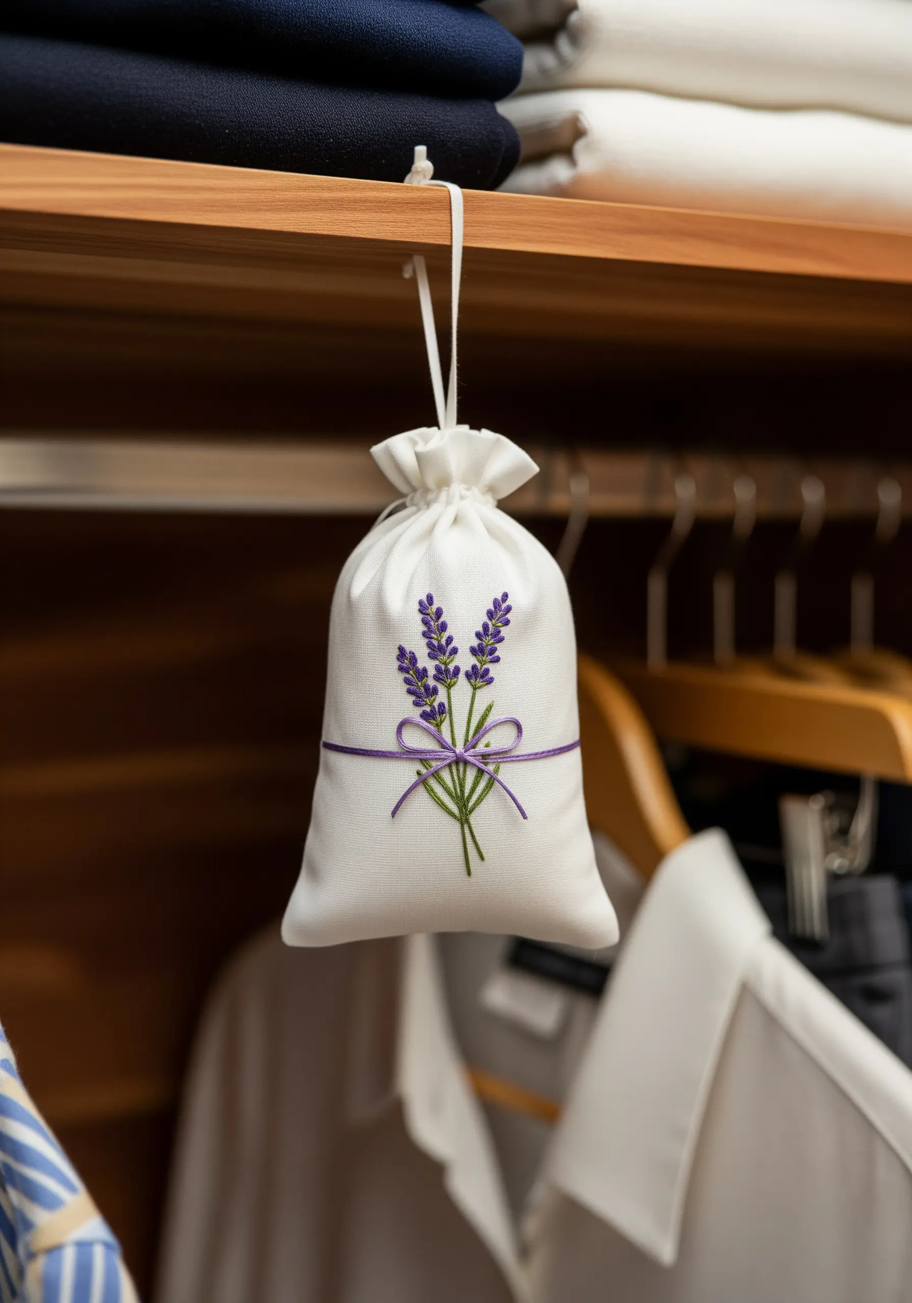 A small bouquet of embroidered lavender tied with a purple bow on a linen sachet.