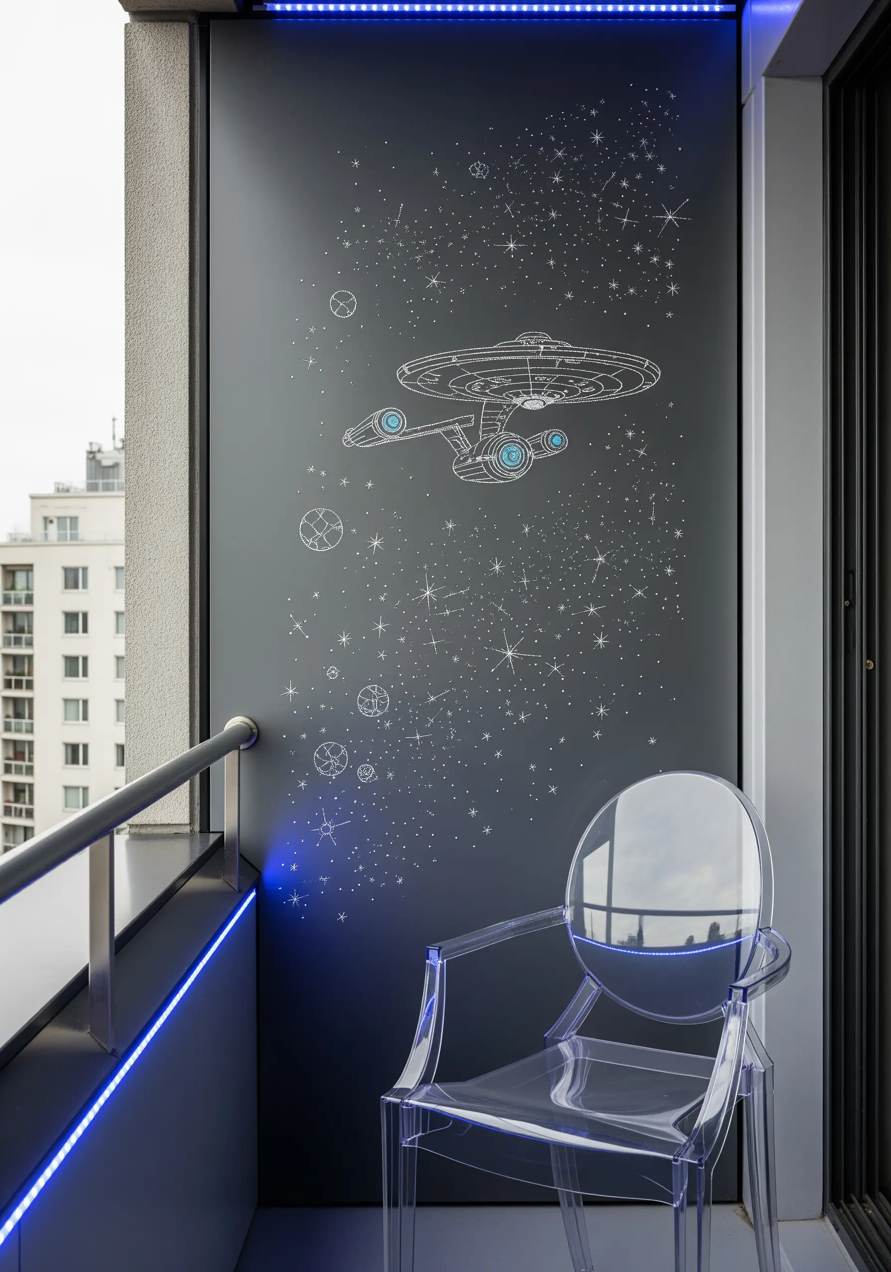 A precise line-art embroidery of a starship against a starfield.