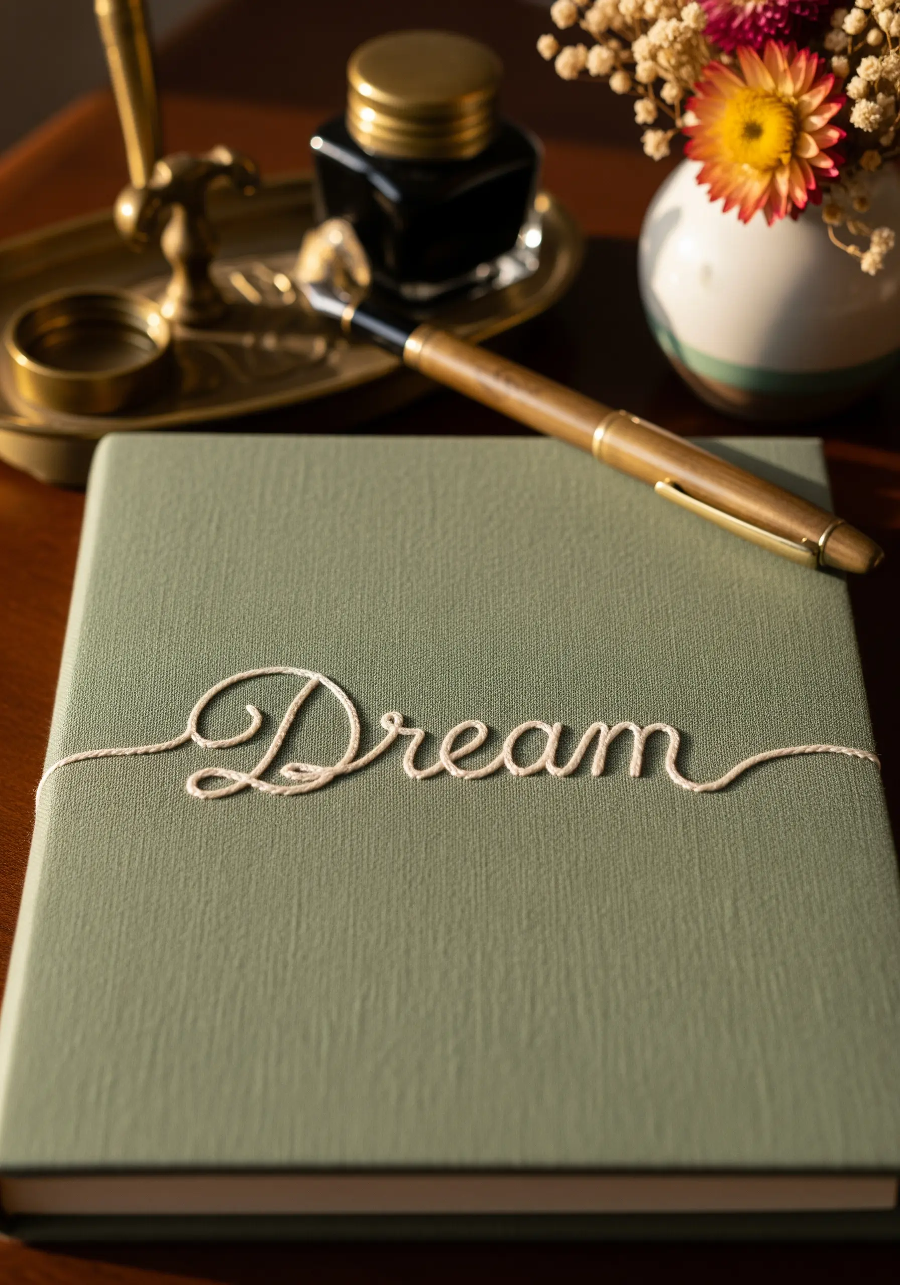 The word 'Dream' in cursive script, created with thread couched onto a green book cover.