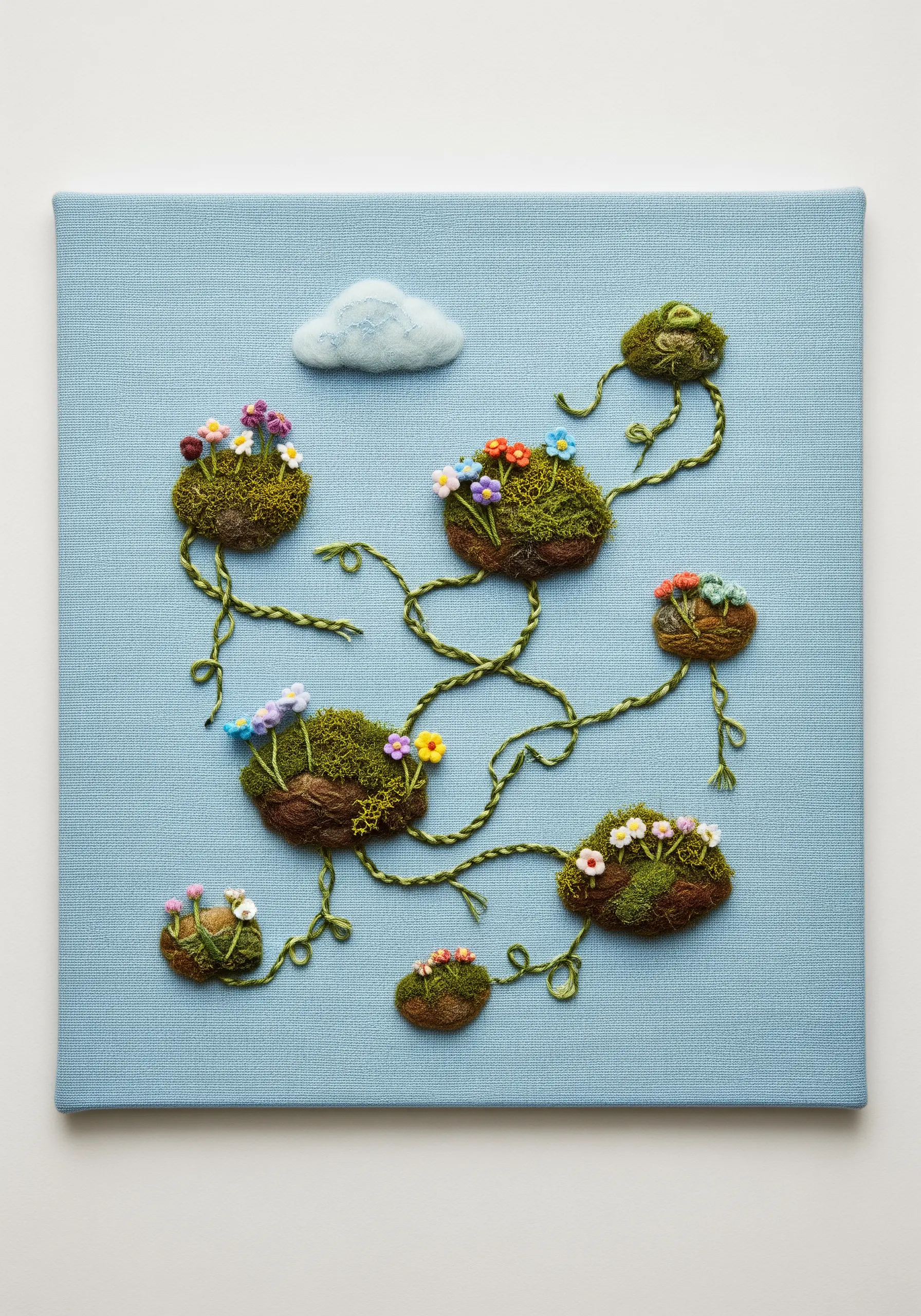 3D embroidery of floating moss islands connected by green yarn vines, with tiny flowers.
