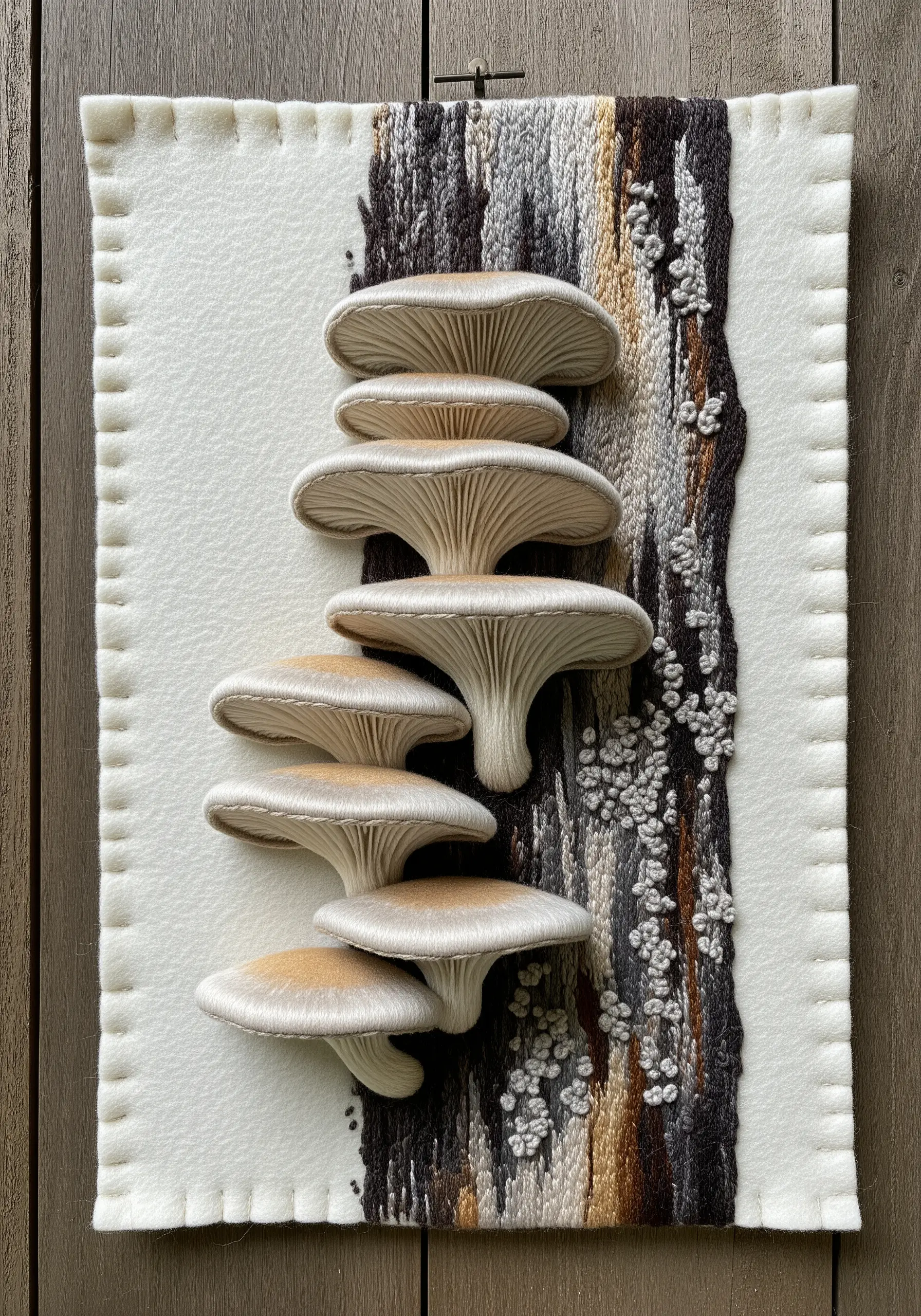 3D stumpwork embroidery of oyster mushrooms growing on a felted tree trunk.