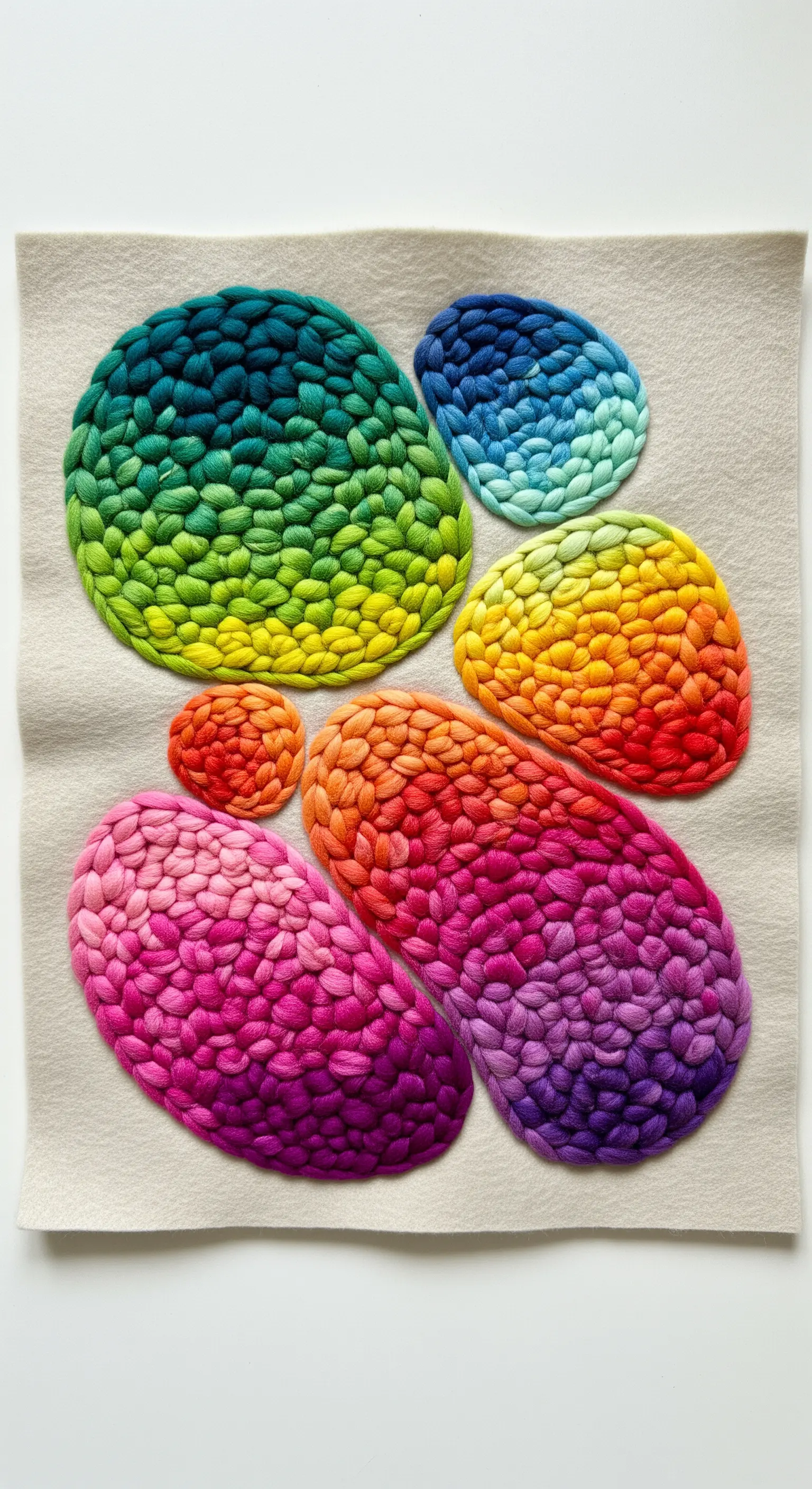 Abstract, raised pebble shapes embroidered with vibrant 3D rainbow gradients.