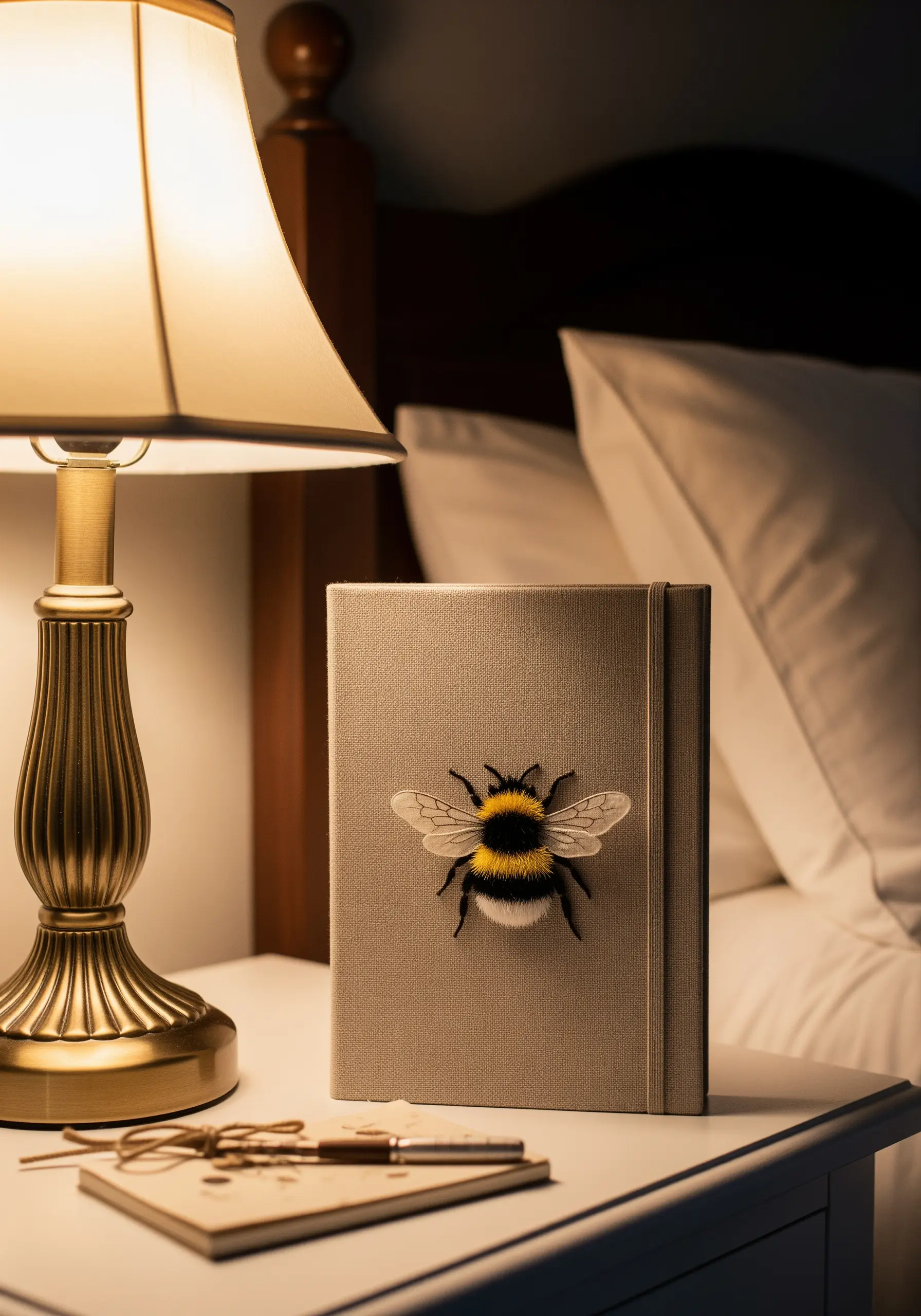 A journal with a highly realistic, three-dimensional embroidered bumblebee on the cover.