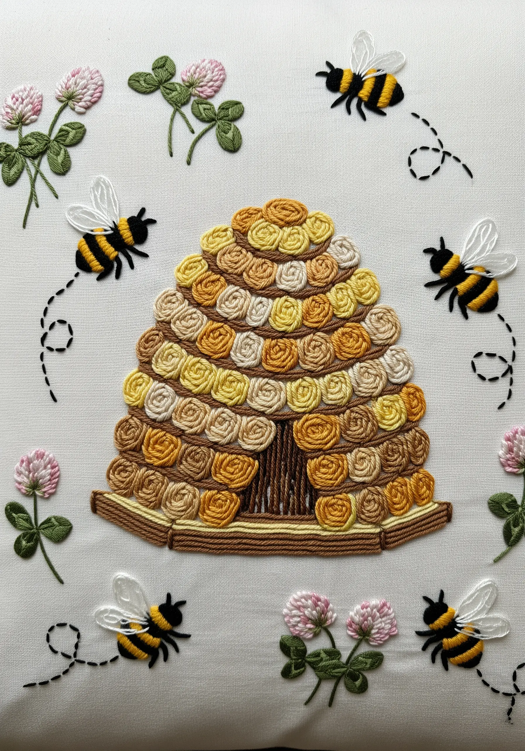 A 3D beehive made of woven wheel stitches, surrounded by bees and clover.