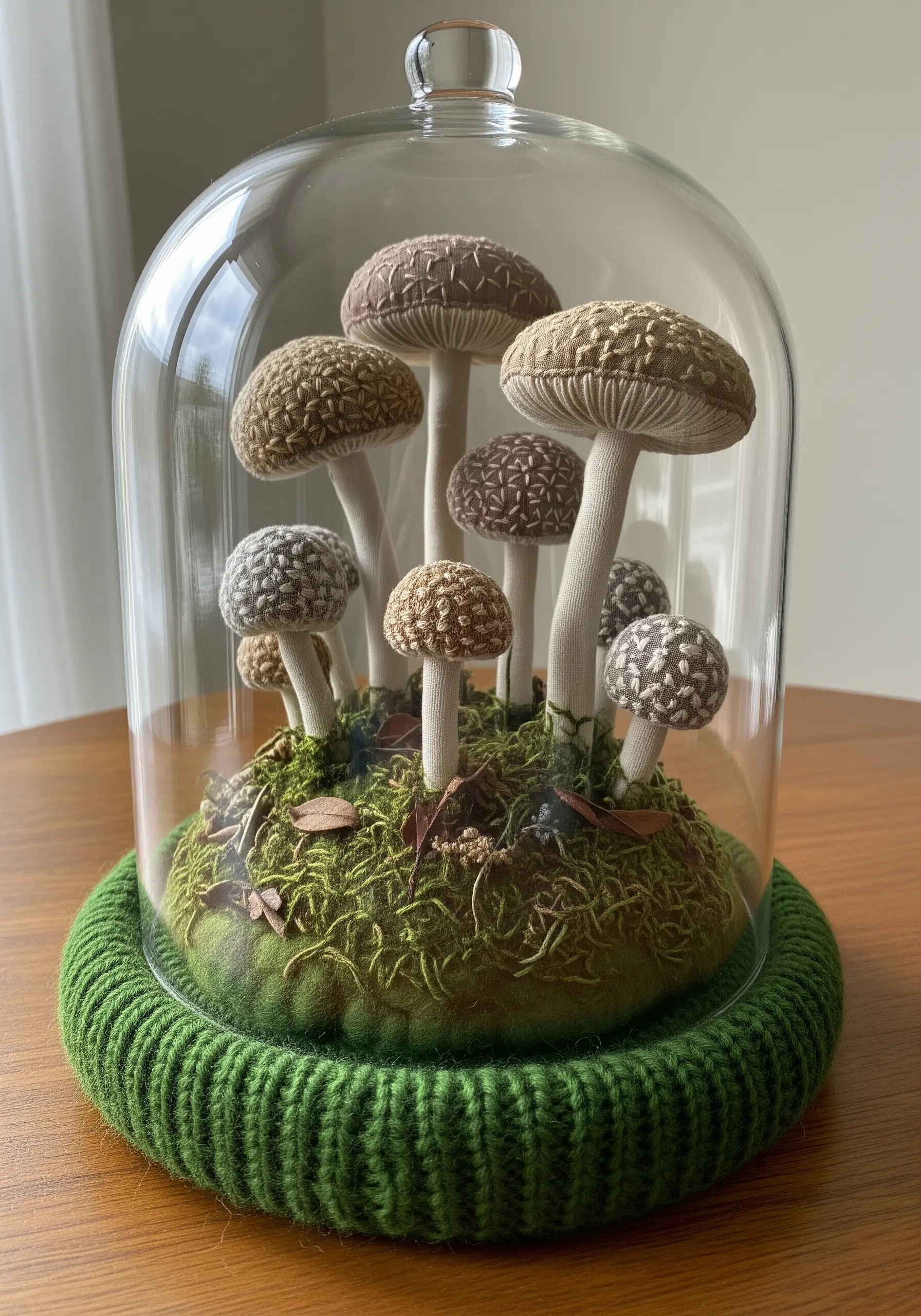 3D fabric mushrooms made from old sweaters displayed under a glass cloche.