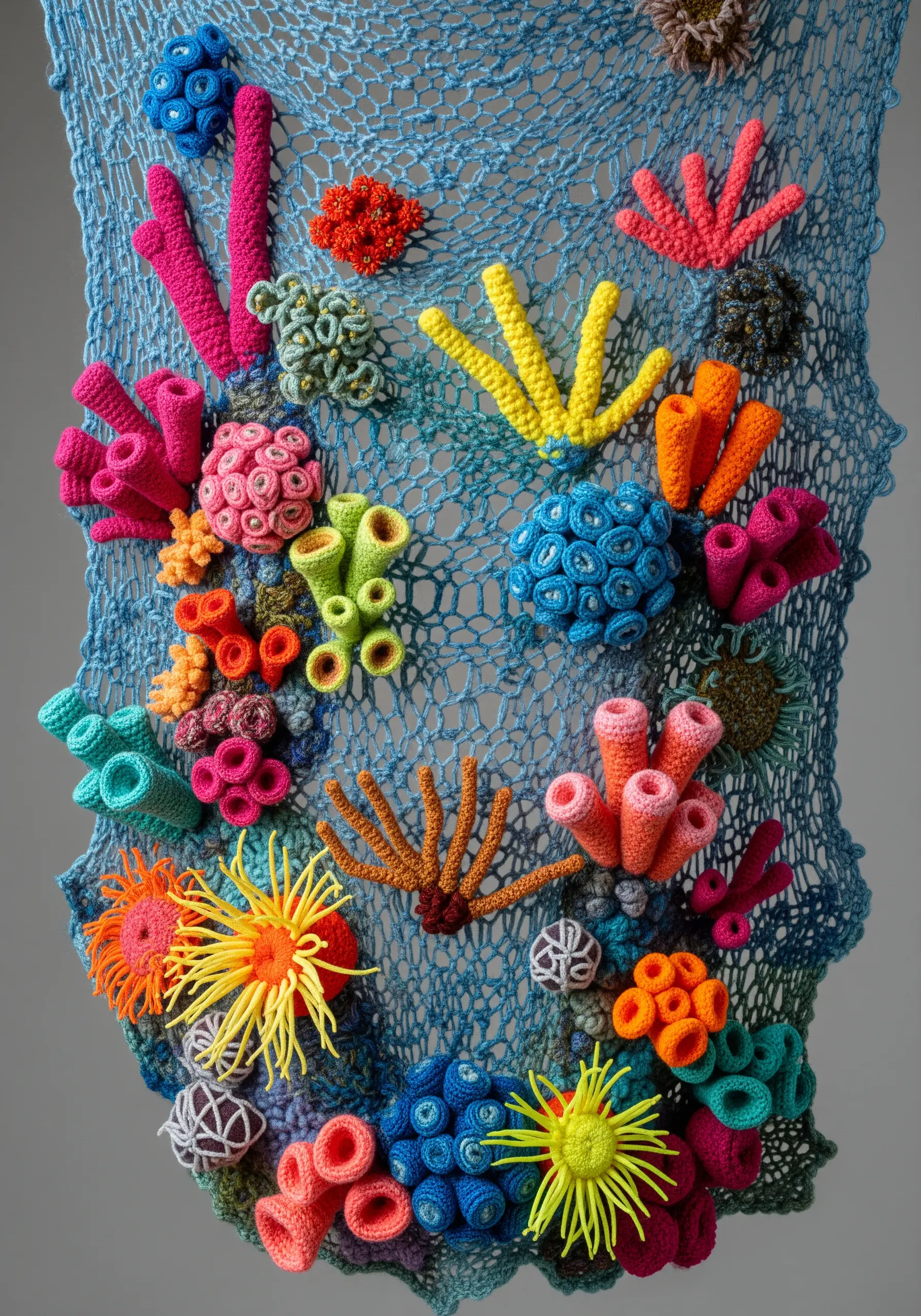 A vibrant, three-dimensional crocheted coral reef with various textures and colors.