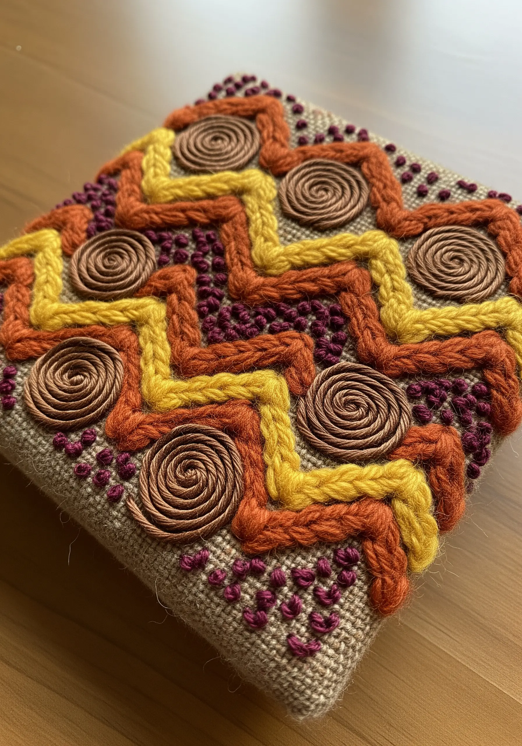 A small, densely embroidered object with braided zigzags, brown spirals, and purple French knots.