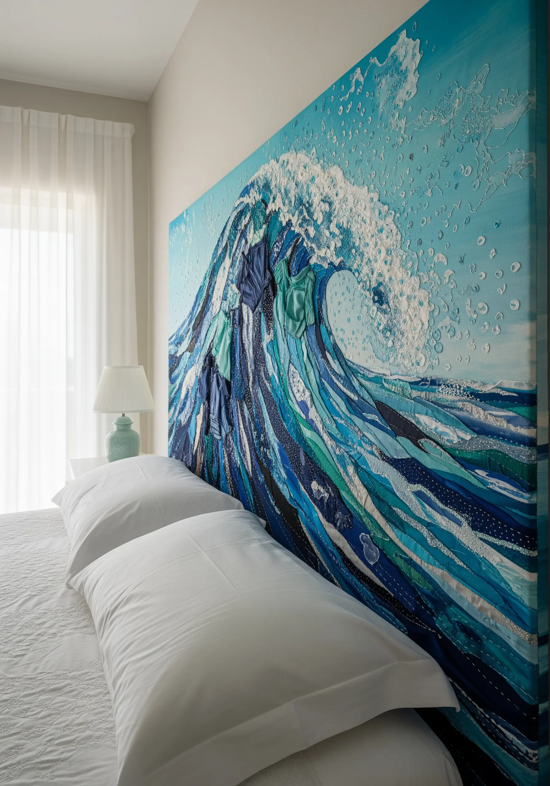 Large fabric collage of an ocean wave using blue fabric strips and white textured knots.