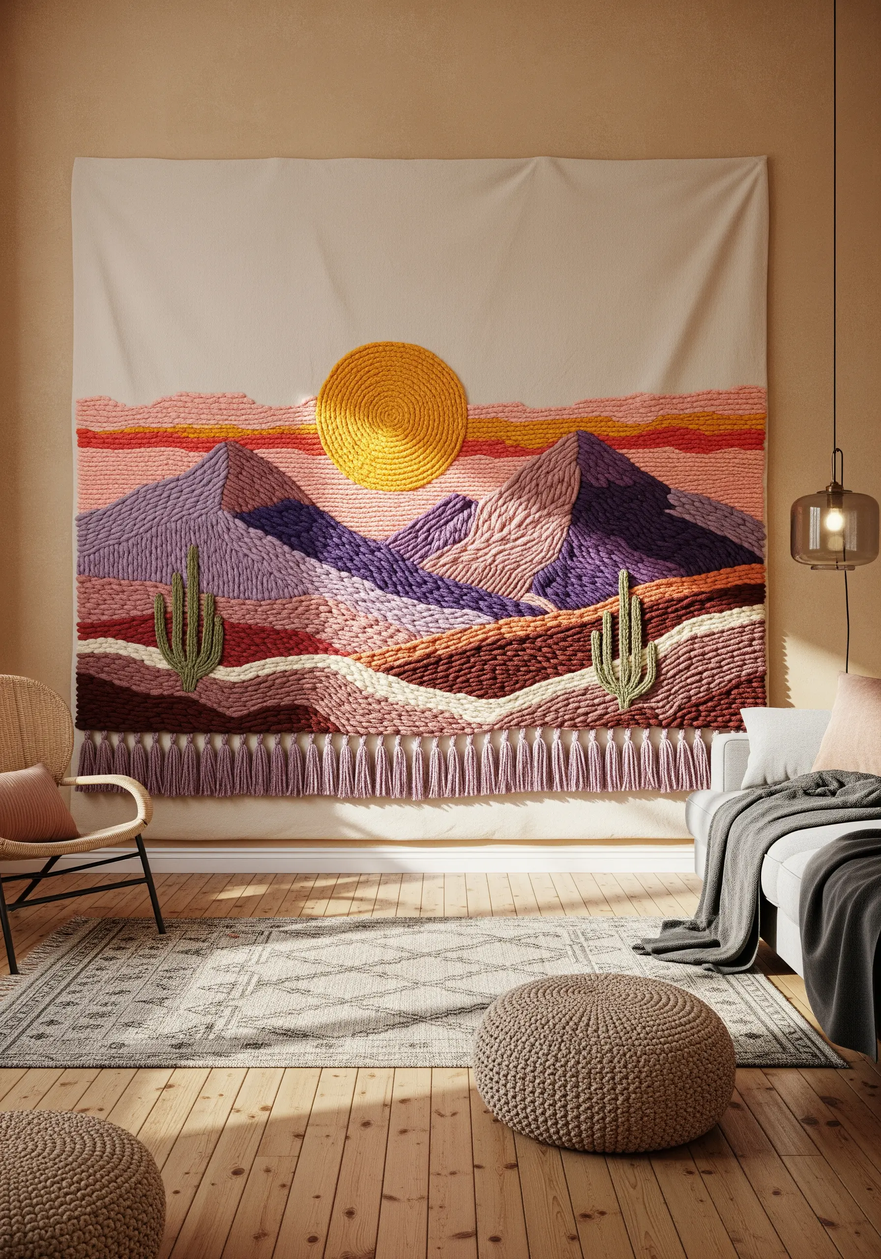 A large, textural wall tapestry of a desert landscape made with chunky yarn.