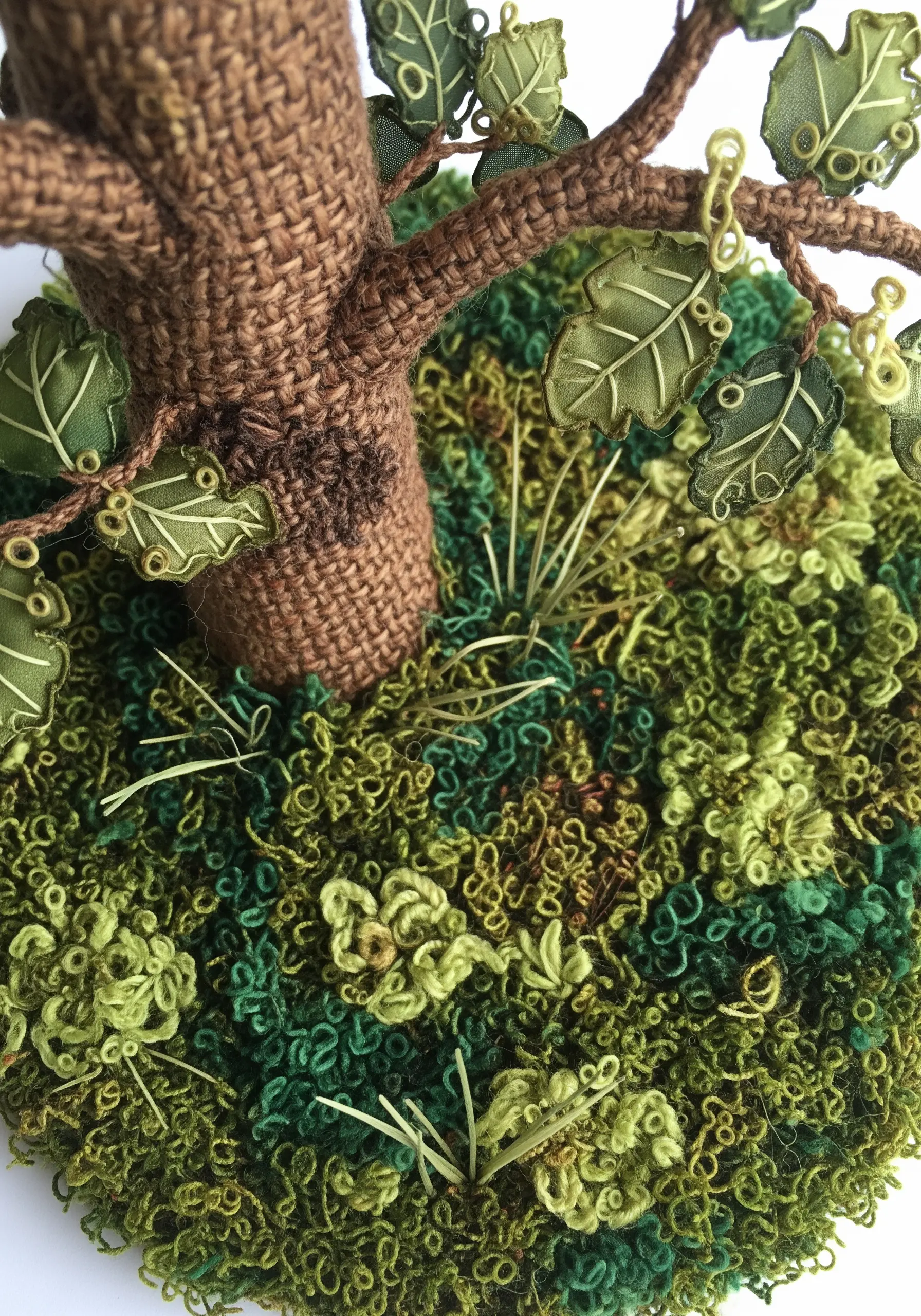 A 3D embroidered tree with a mossy ground made of dense French knots.