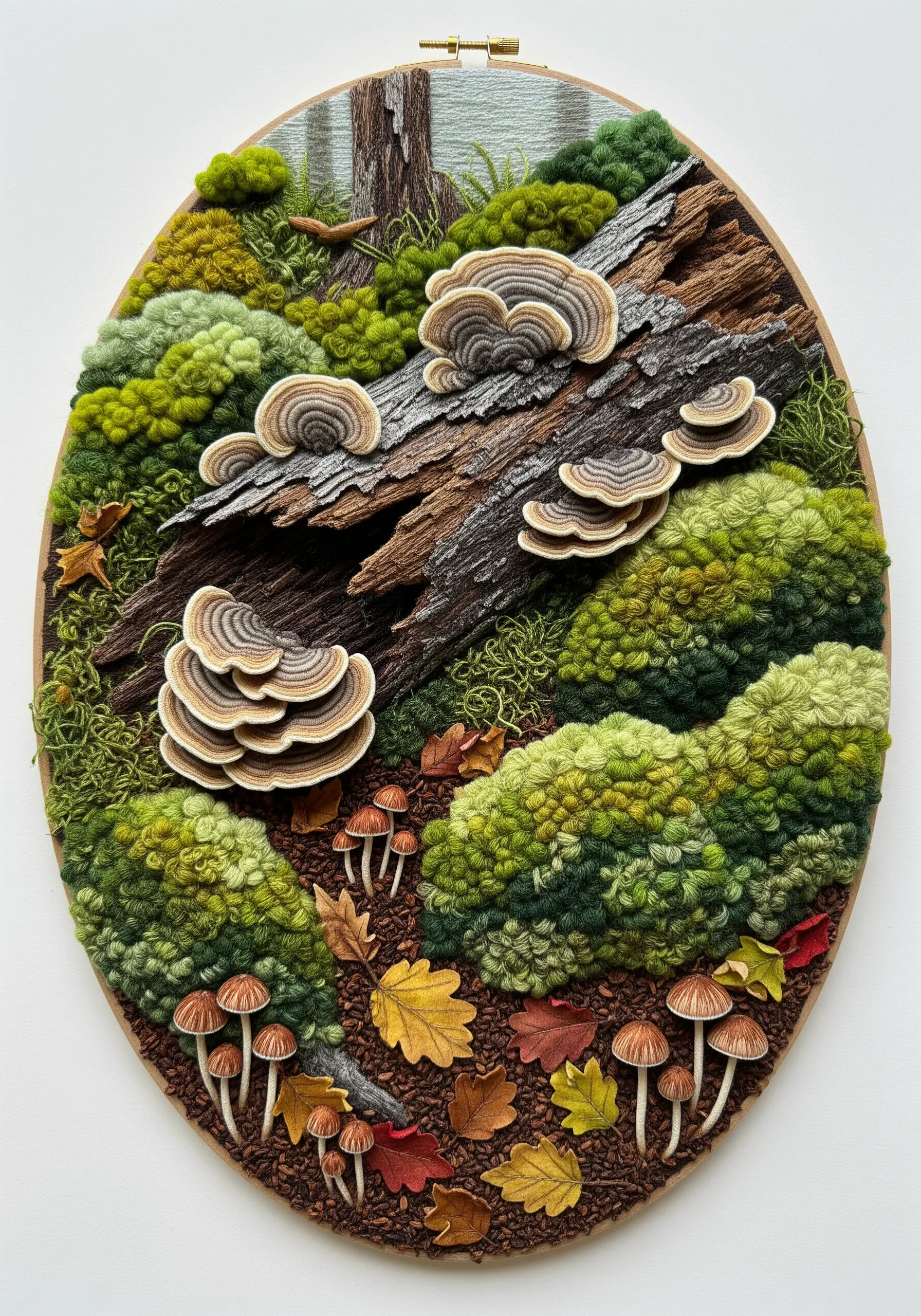 A dense, textured embroidery of a mossy log with turkey tail mushrooms in an oval hoop.