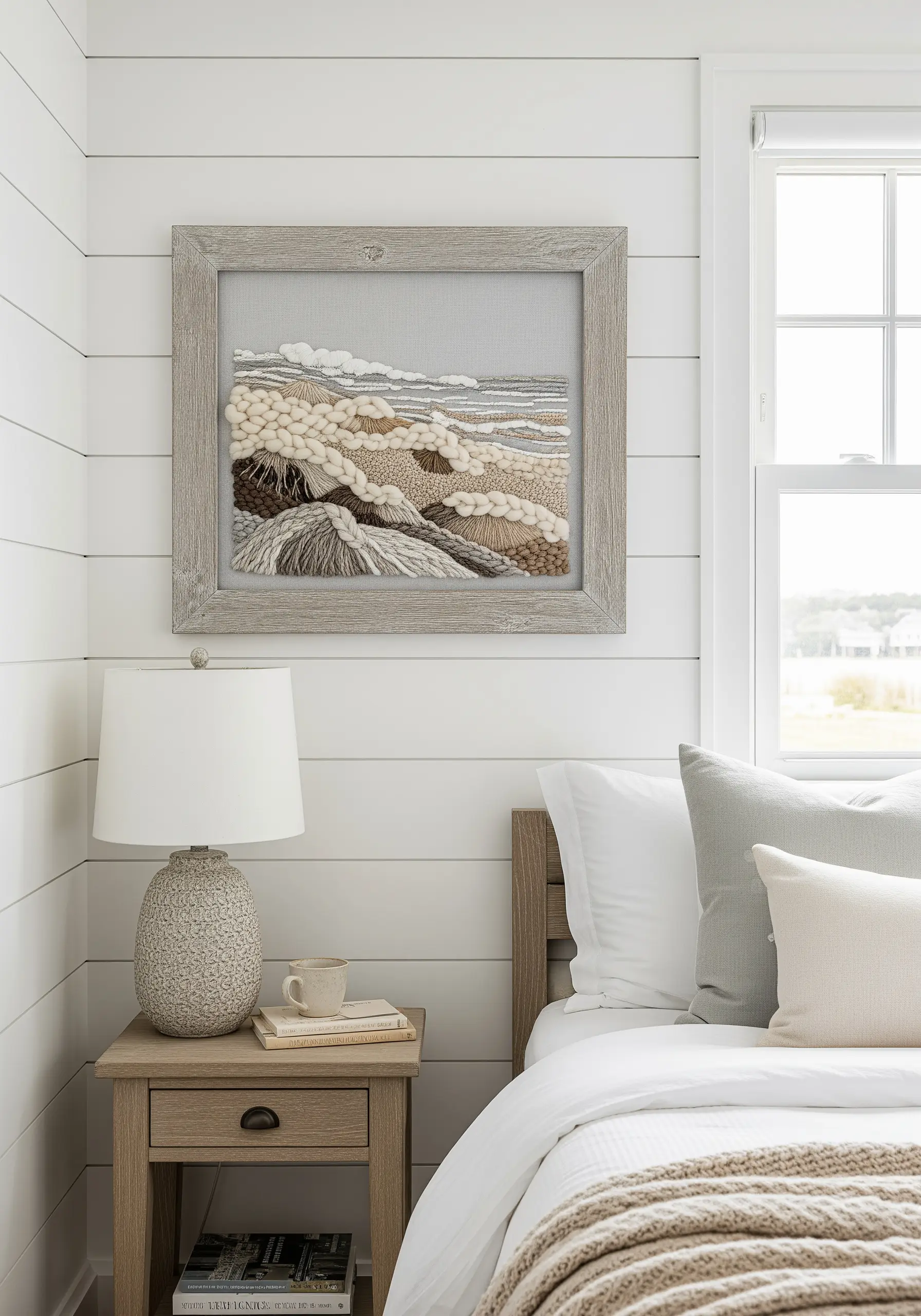 Textural landscape embroidery using chunky yarns and wool roving in neutral tones.