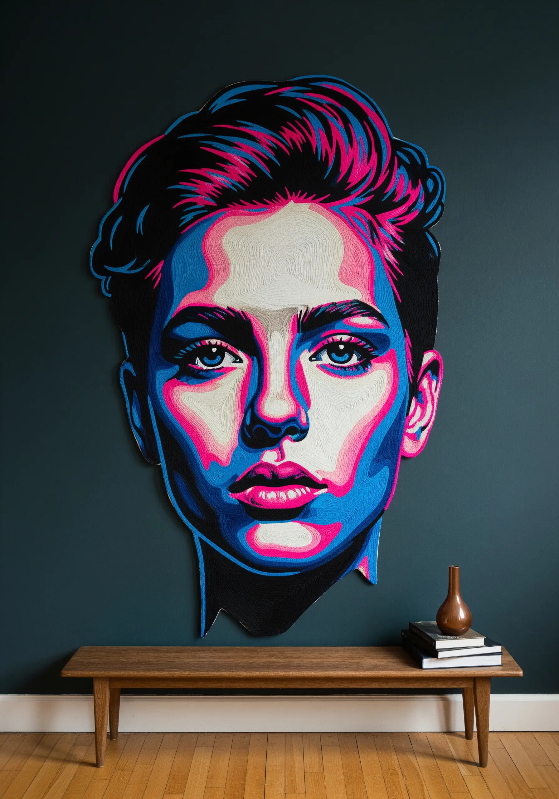 A large, stylized thread-painted portrait of a woman's face using vibrant pink, blue, and black thread.