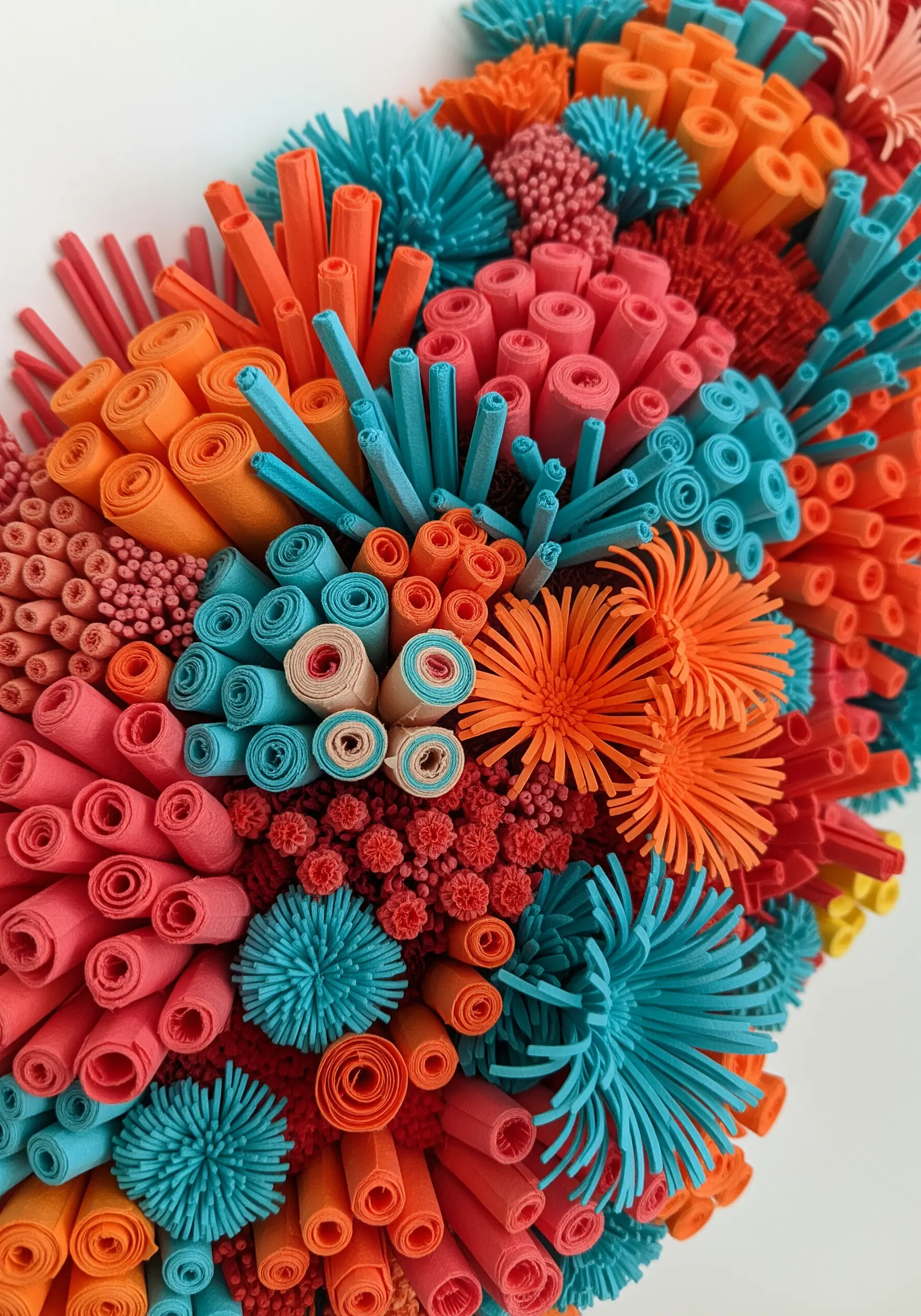 A close-up of a 3D paper art piece resembling a colorful coral reef, made with quilling techniques.