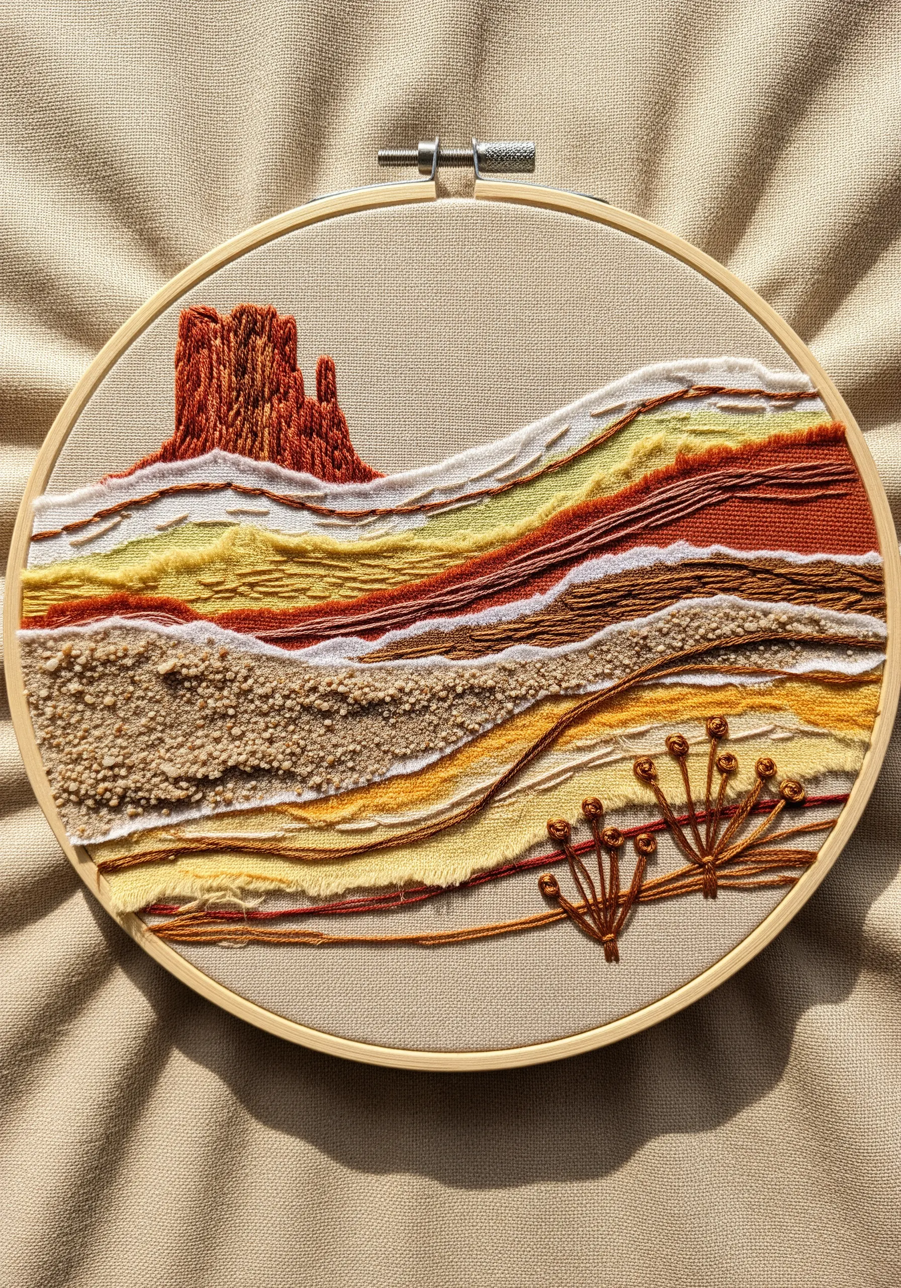 Abstract desert landscape made with layered torn fabric and textural stitches like French knots.