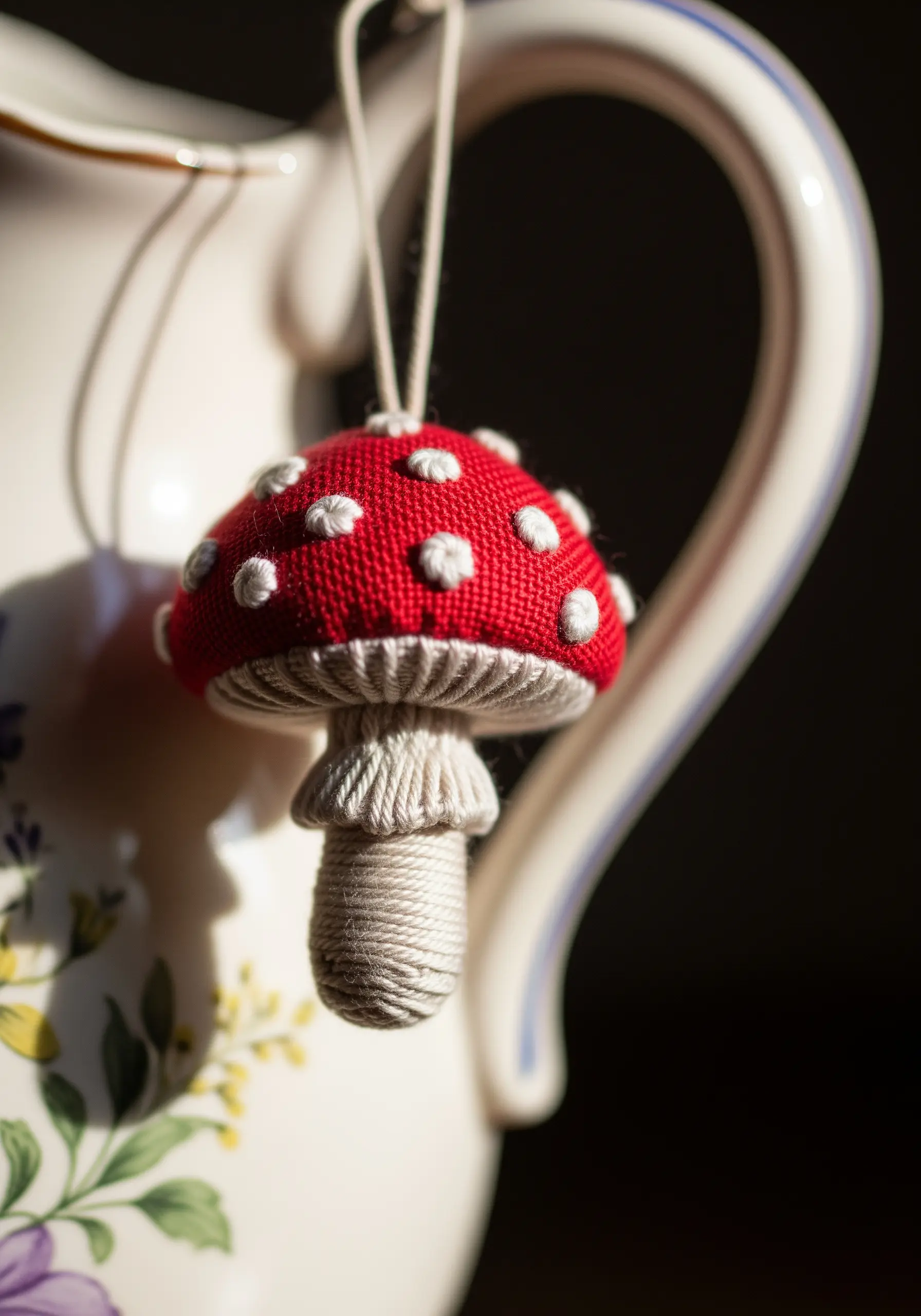 A small, three-dimensional mushroom ornament with a red cap and white spots.