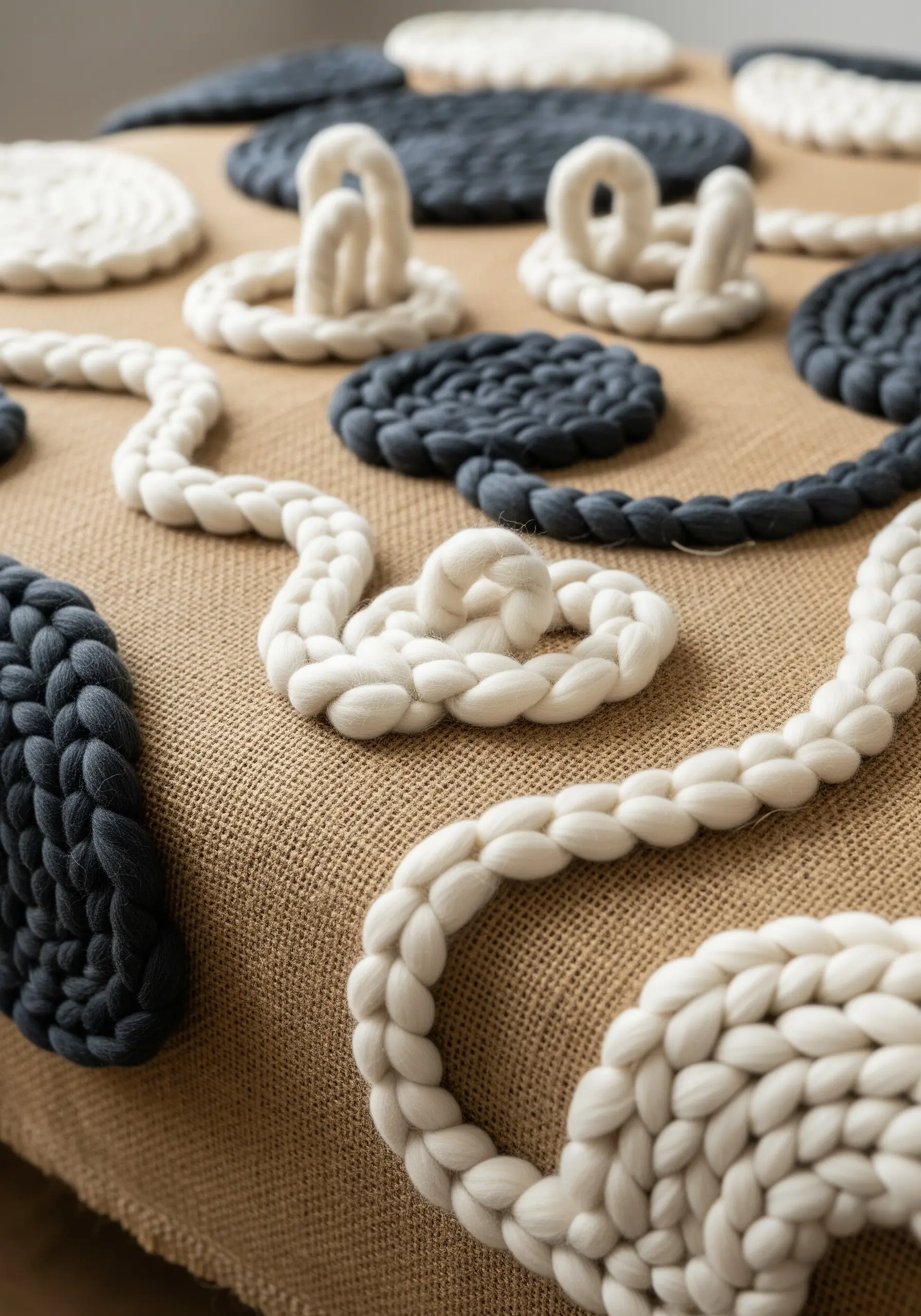 Thick, sculptural braided yarn in white and charcoal arranged in abstract shapes on burlap.