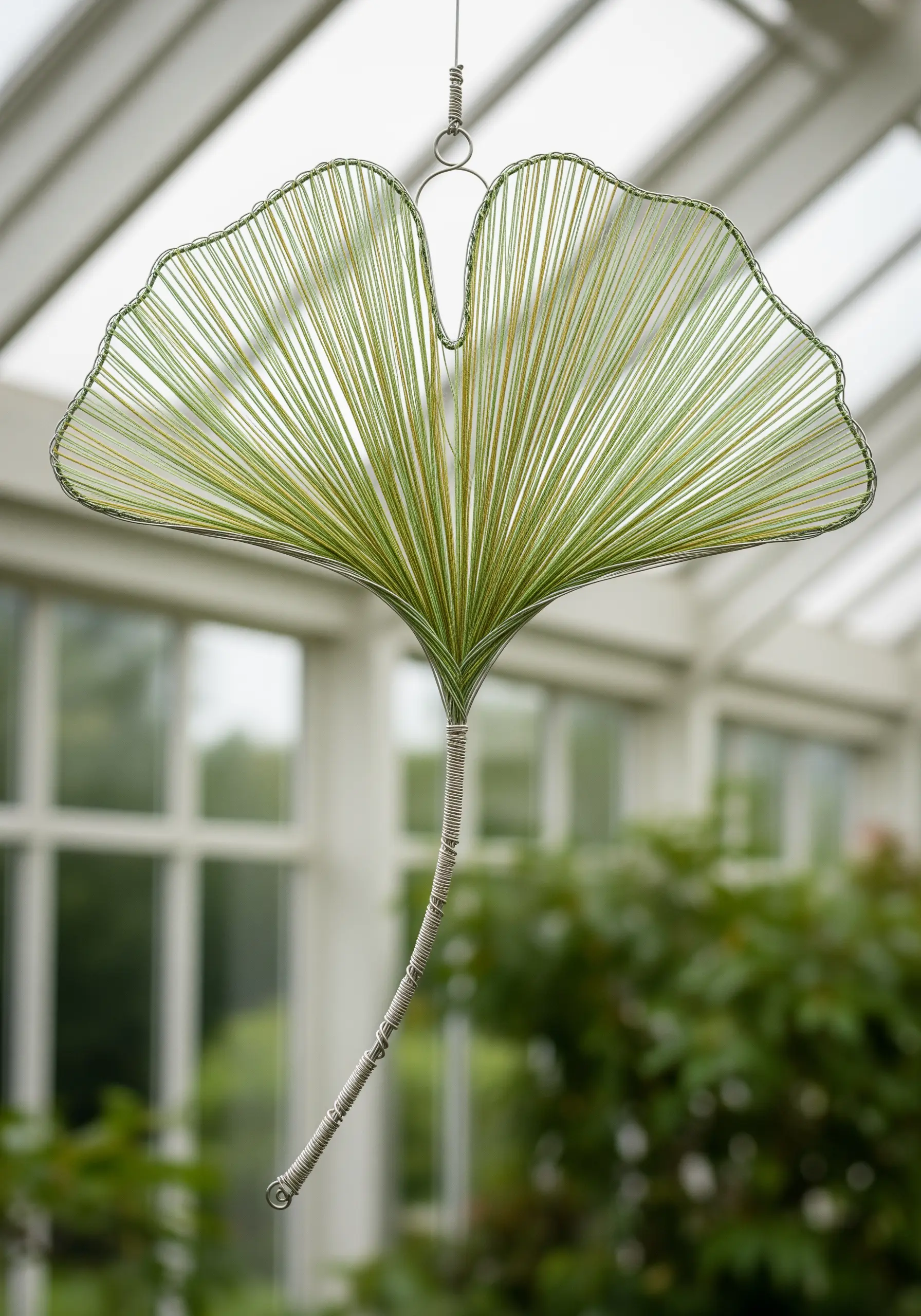 A wire-frame ginkgo leaf filled with radiating lines of green and yellow thread, hanging indoors.