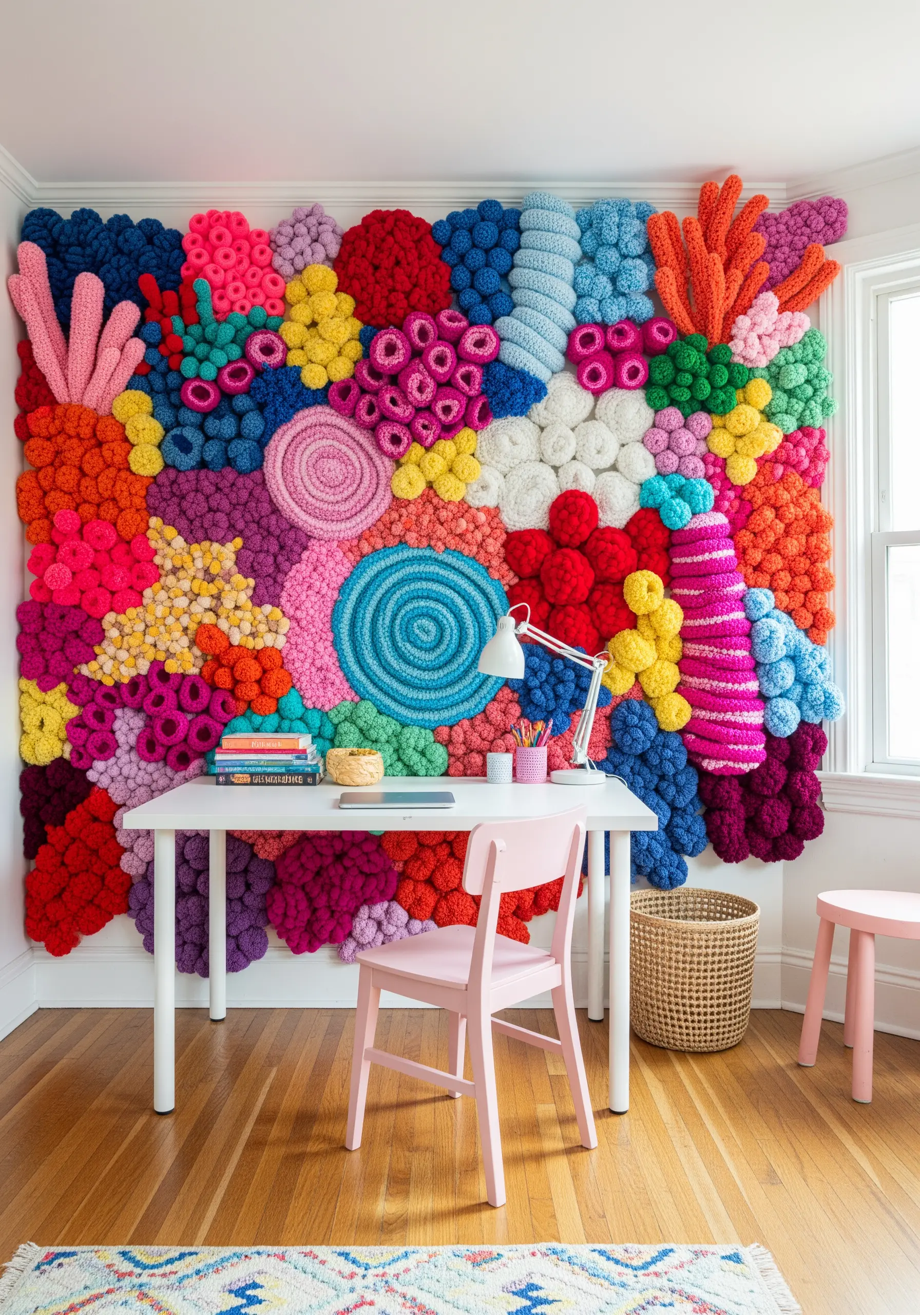 A vibrant, hyper-colorful wall installation made of crocheted and knitted forms resembling a coral reef.