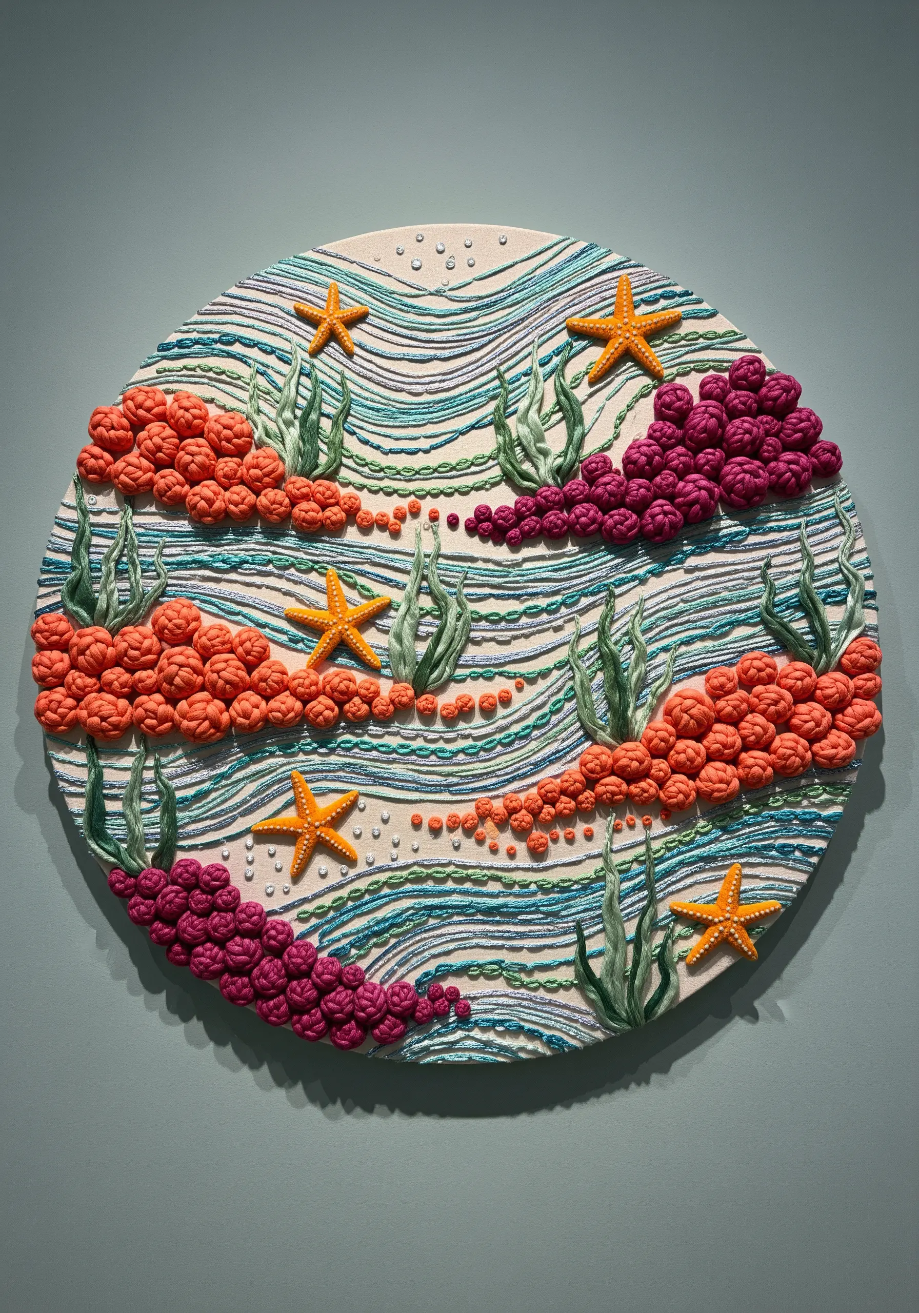Dimensional embroidery of a coral reef scene with textured waves and knots.