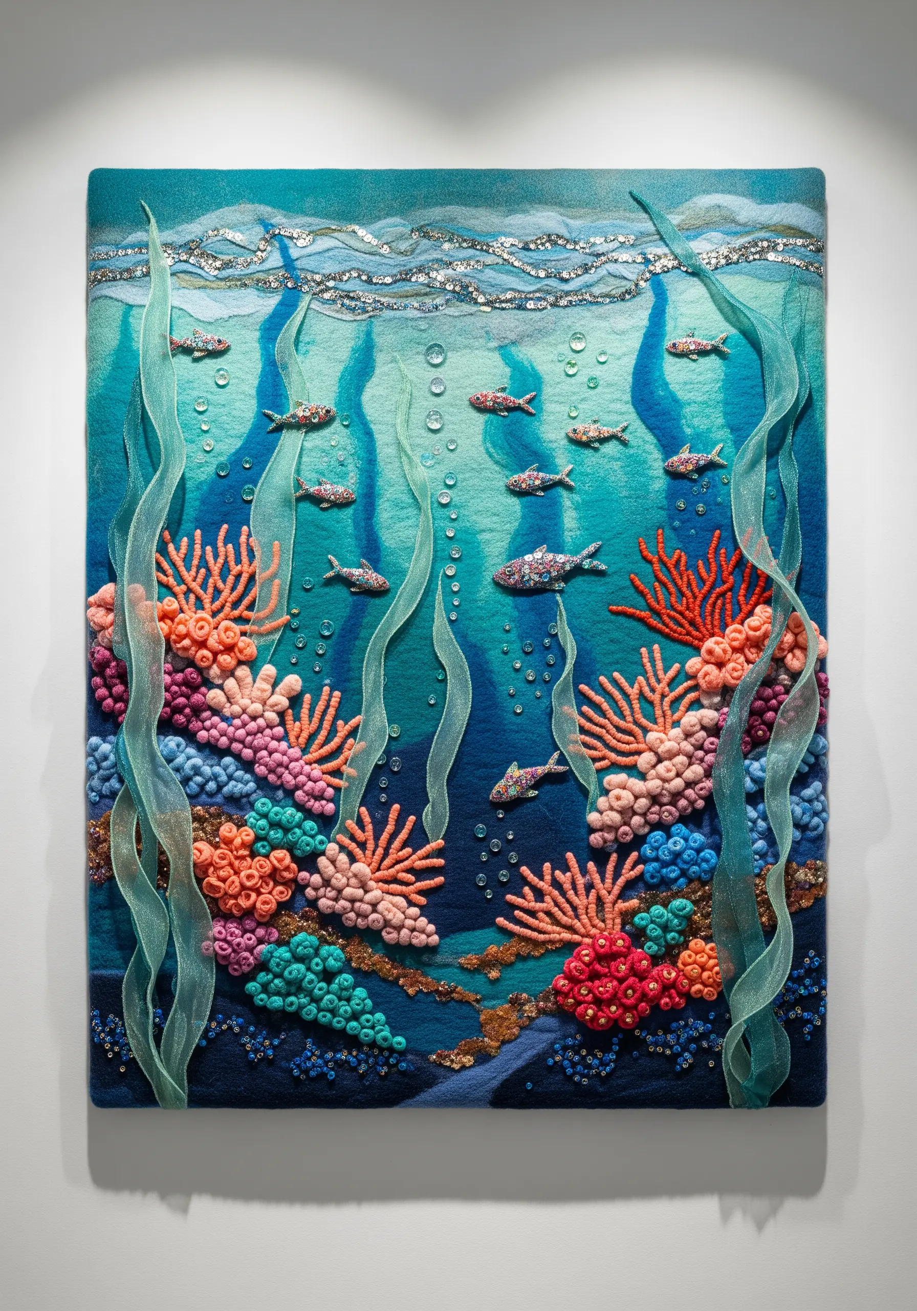 High-texture underwater coral reef scene using French knots, beads, and organza ribbon.