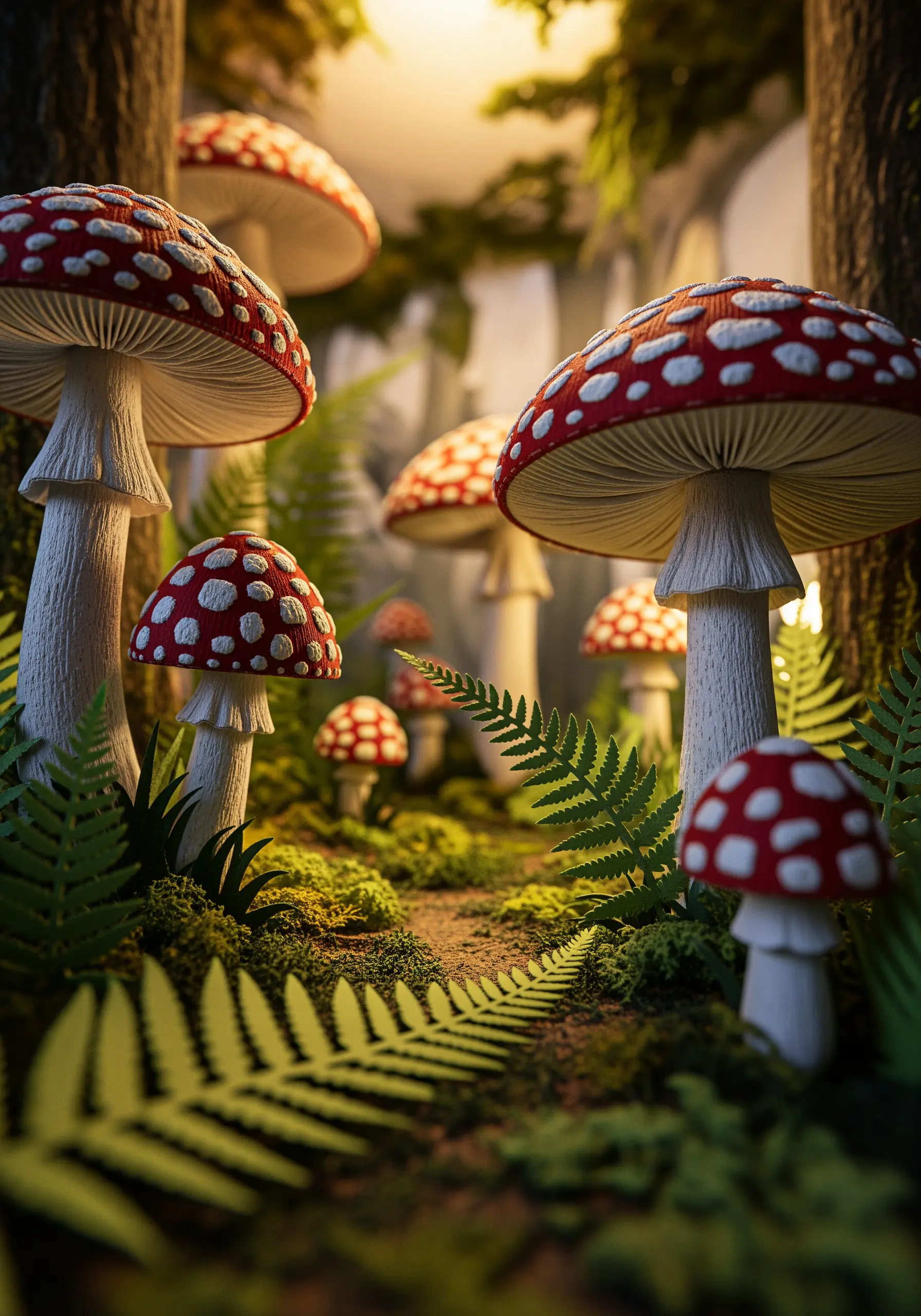 A hyper-realistic scene of red and white toadstool mushrooms in a forest, made with 3D embroidery.