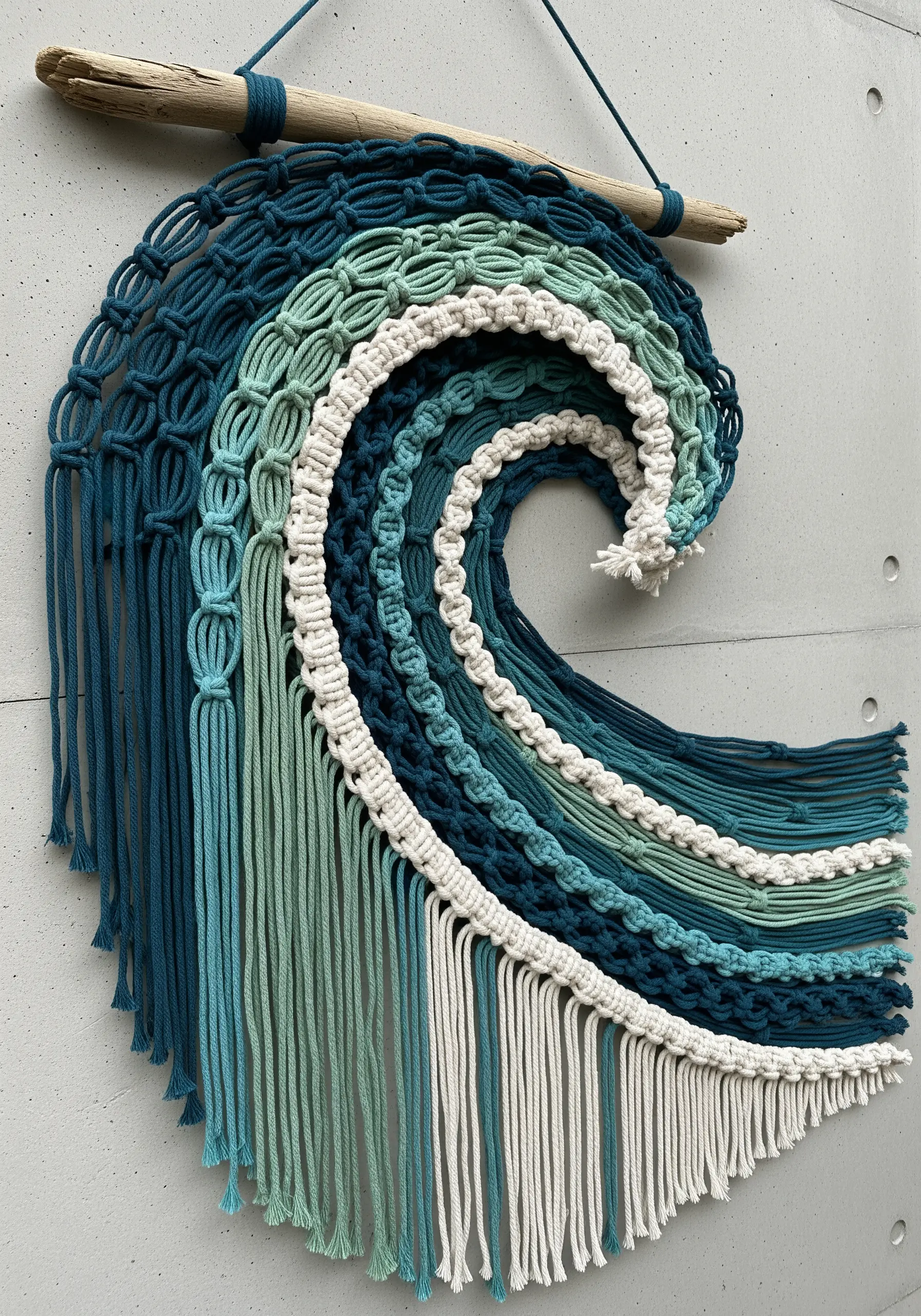 Large macrame wave wall hanging in shades of blue, green, and white.