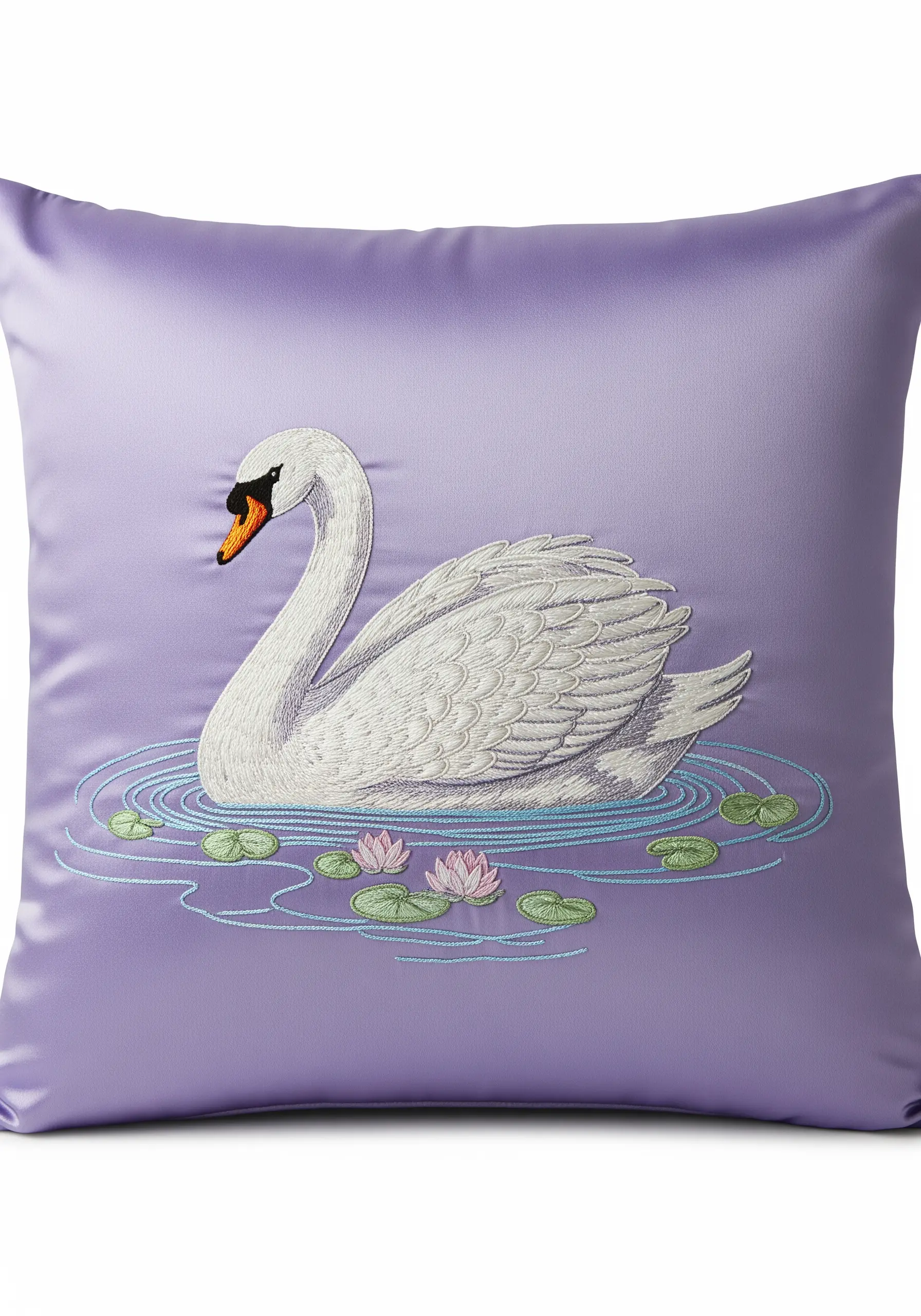 An elegant white swan embroidered on a lavender satin pillow.